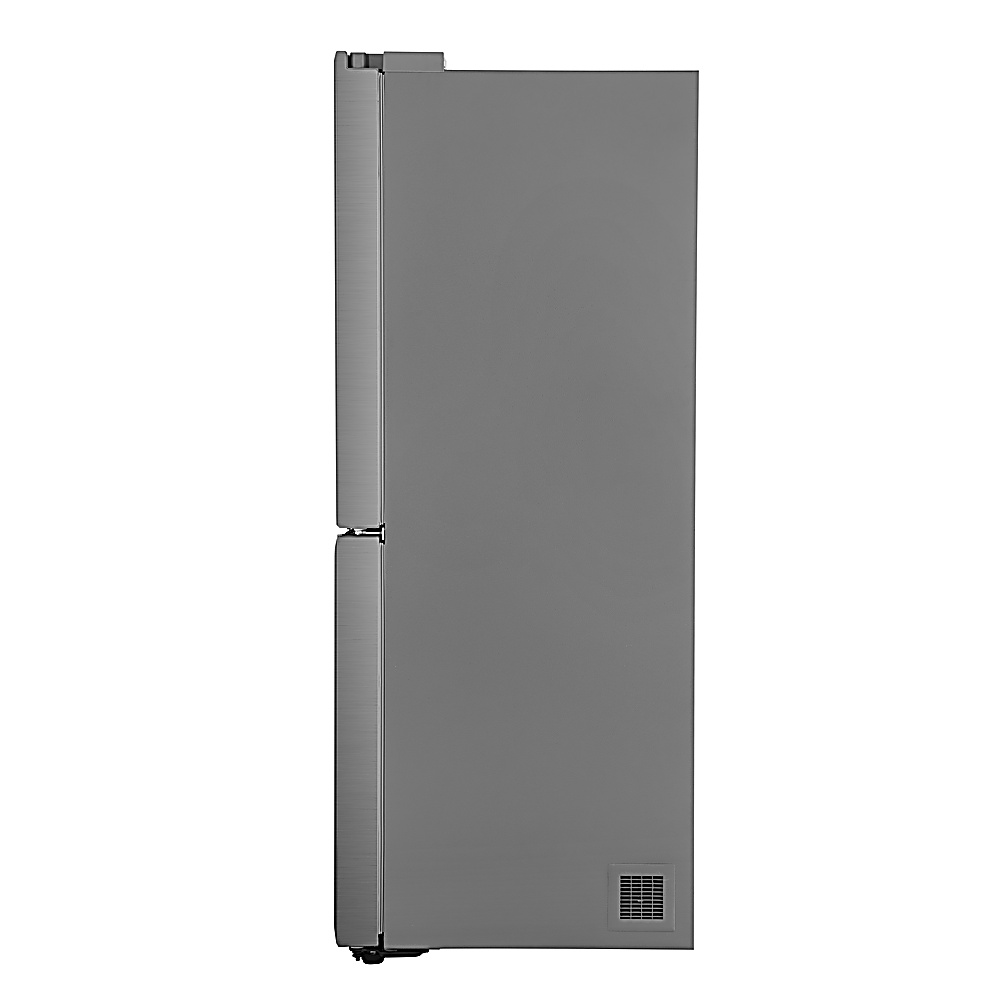 Vista lateral de un refrigerador gris. El lado izquierdo tiene un acabado de metal cepillado, el derecho es liso. Se ve una rejilla de ventilación.