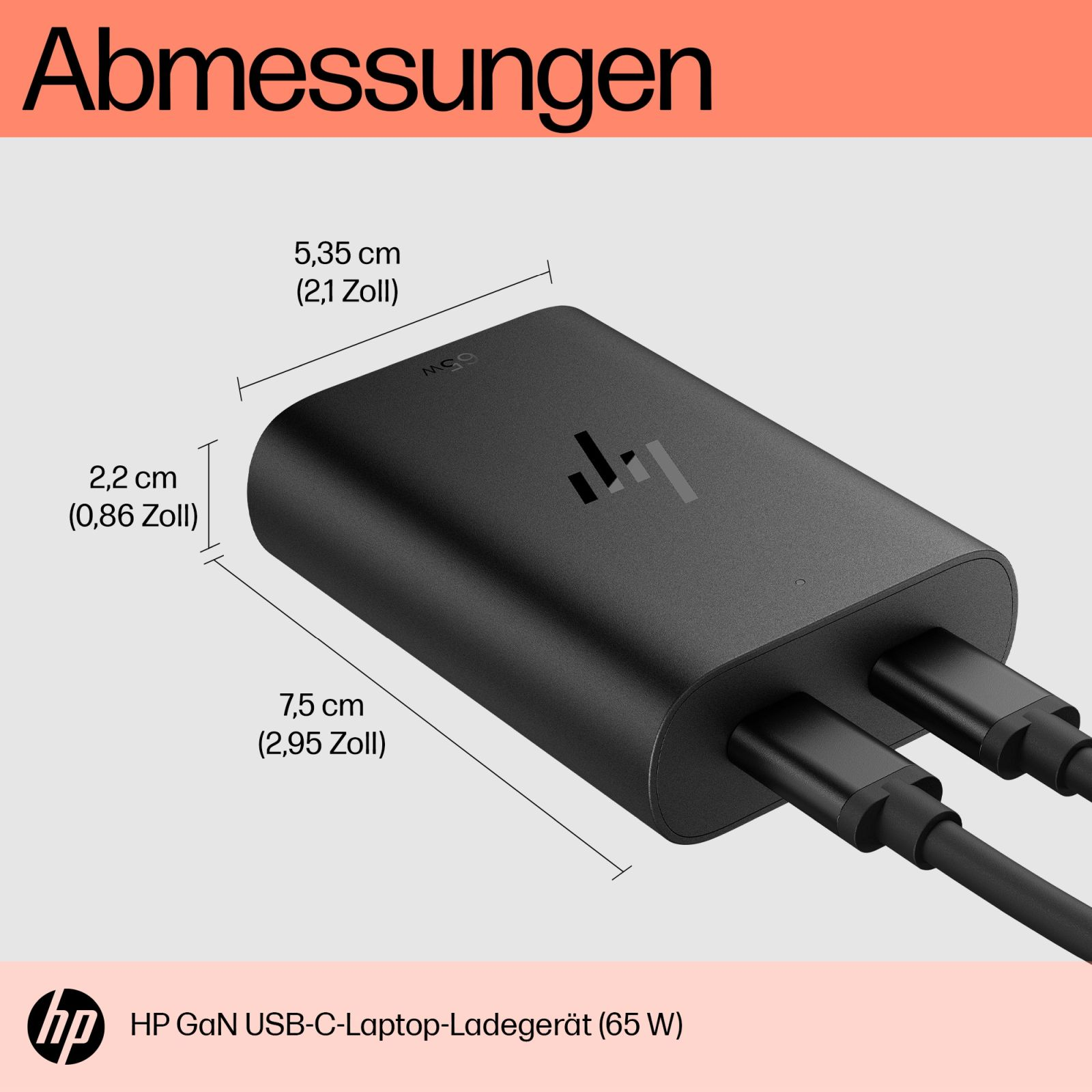 Schwarzes HP-Laptop-Ladegerät mit Maßangaben. Enthält zwei USB-C-Kabel. Das HP-Logo ist sichtbar.