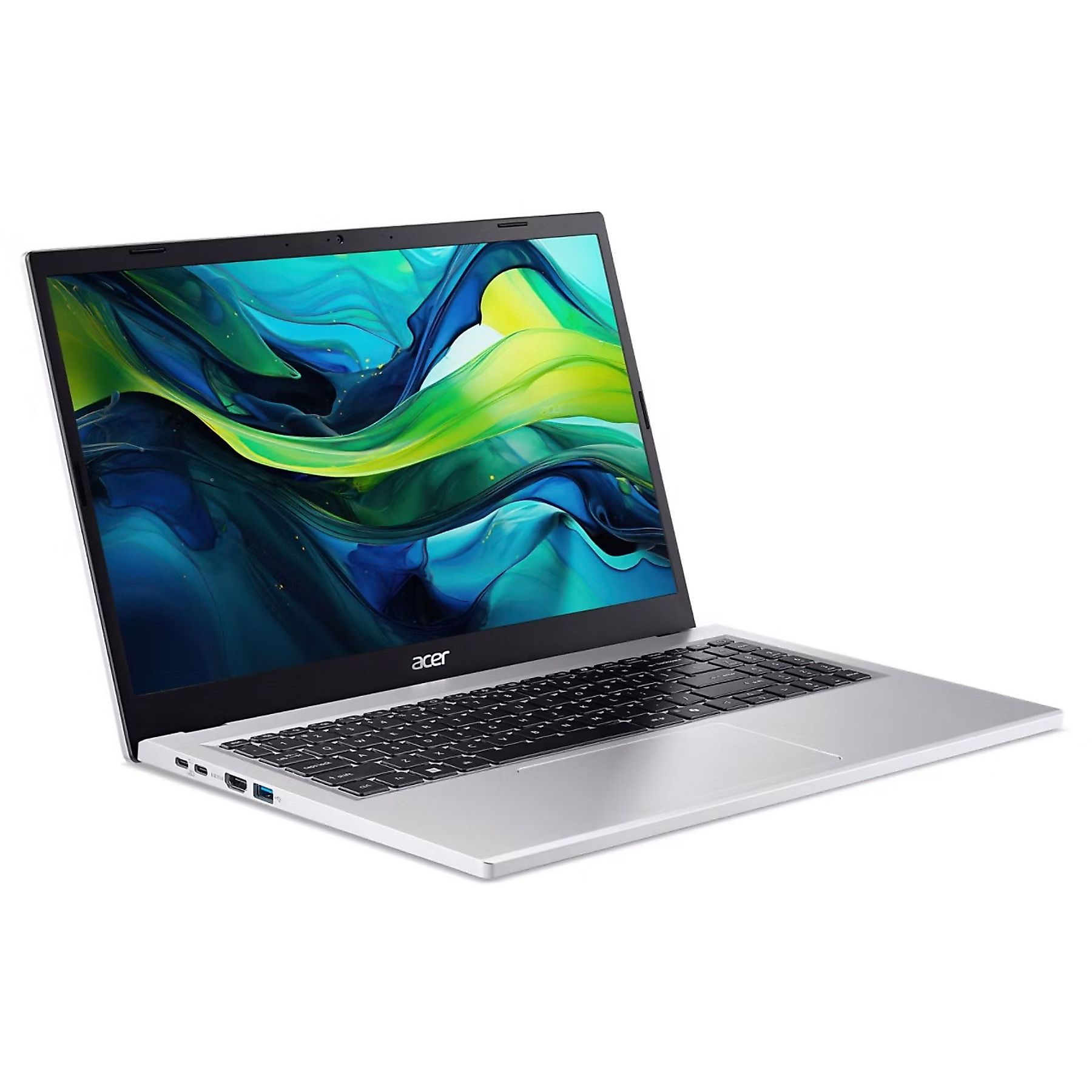 Laptop Acer argentato aperto su superficie bianca. Lo schermo mostra un design astratto verde e giallo. Tastiera nera.