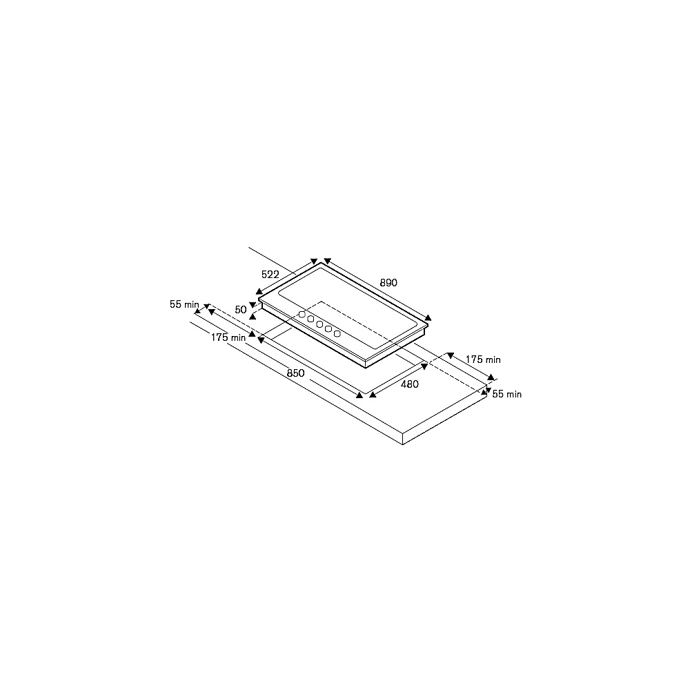 Vista isometrica di un piano cottura con dimensioni. Un piano cottura rettangolare ha cinque fuochi ed è incassato in un piano di lavoro.