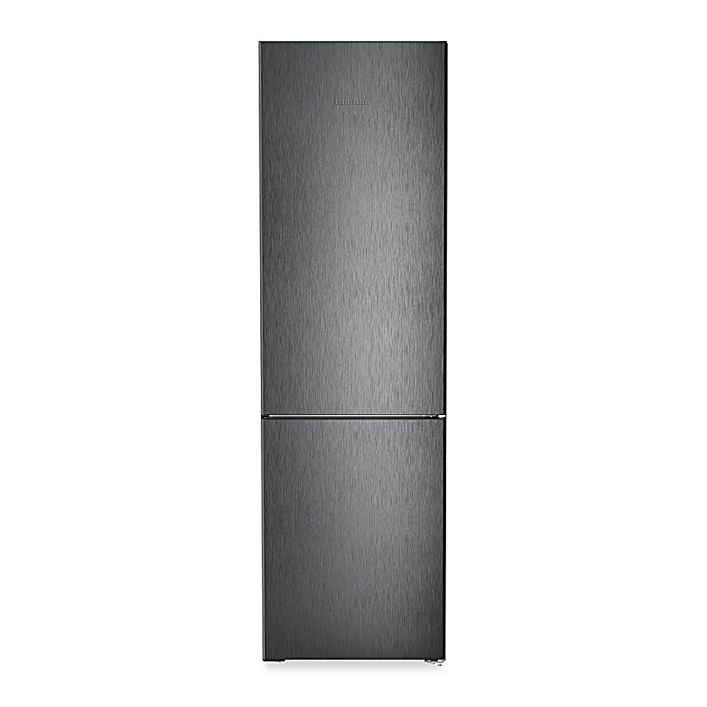 Ein dunkelgrauer Kühlschrank mit gebürsteter Metallstruktur, unterteilt in zwei Abschnitte.