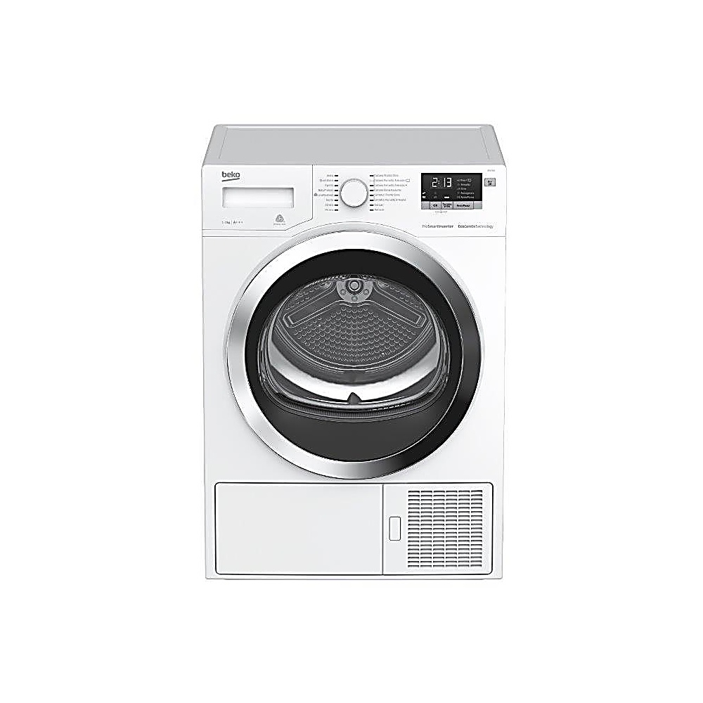 Un'asciugatrice Beko bianca con display digitale 2:13. Ha una porta rotonda e un vano inferiore con ventilazione.