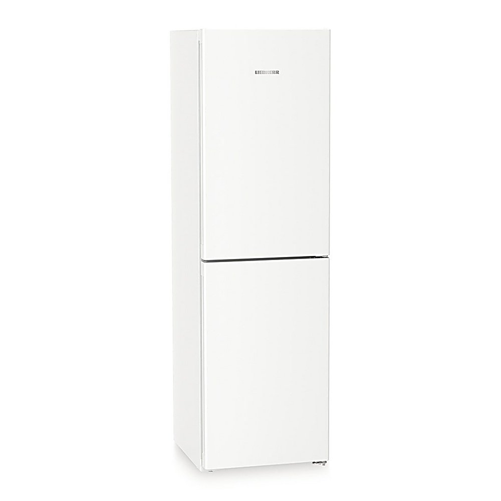 Ein weißer Liebherr-Kühlschrank mit zwei Türen. Die obere Tür ist höher als die untere. Der Hintergrund ist weiß.