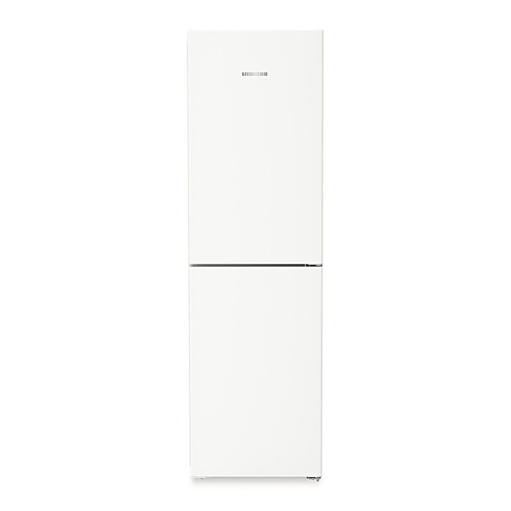 Ein weißer Kühlschrank mit dem Markennamen LIEBHERR wird vor einem weißen Hintergrund gezeigt.