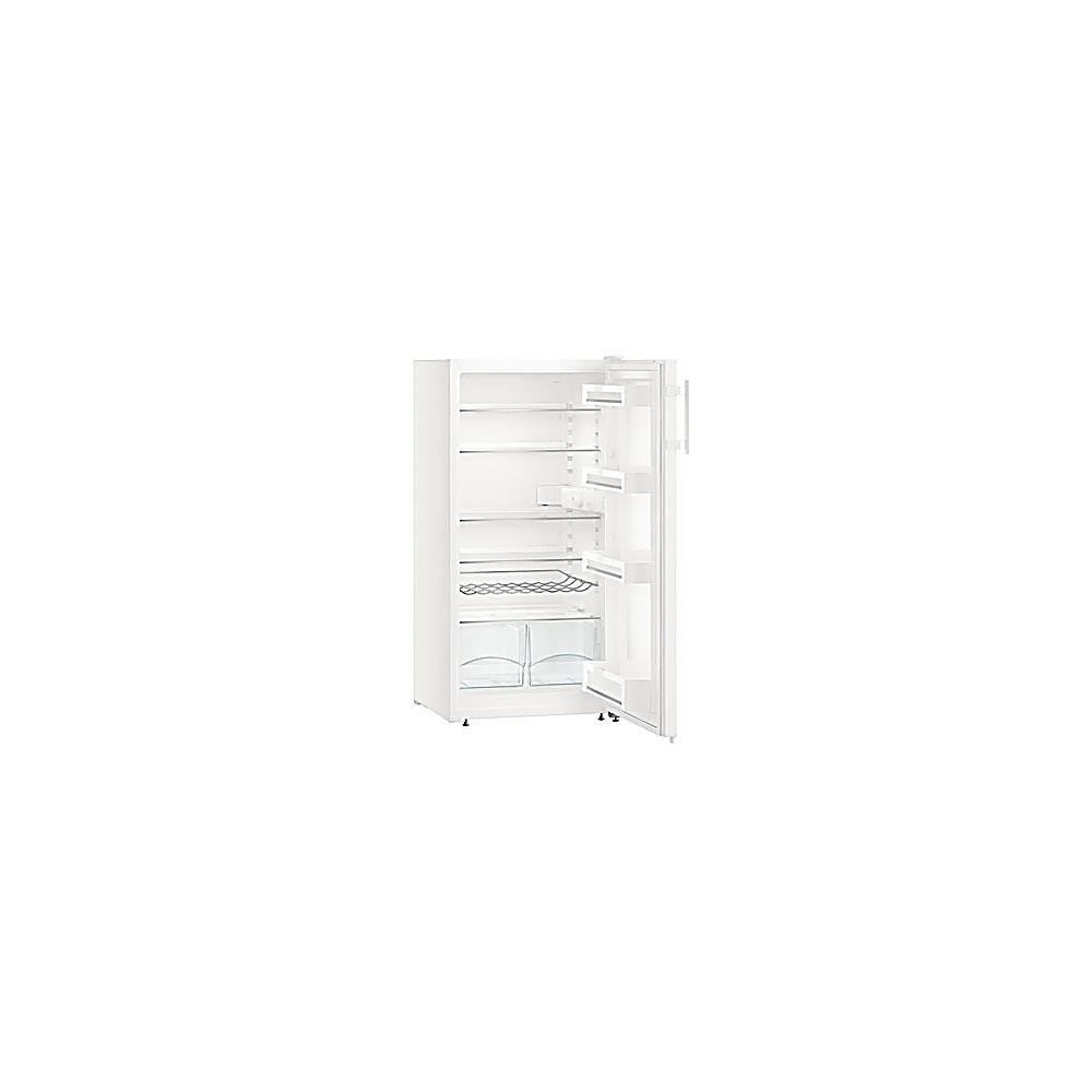 Un frigorifero bianco con la porta aperta, che rivela ripiani e scomparti. L'interno è vuoto.