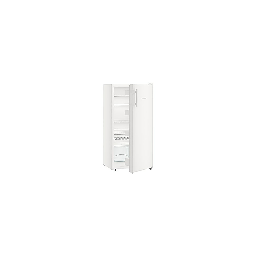 Un frigorifero bianco è aperto, rivelando ripiani e scomparti. La porta è socchiusa, mostrando l'interno. Lo sfondo è bianco.