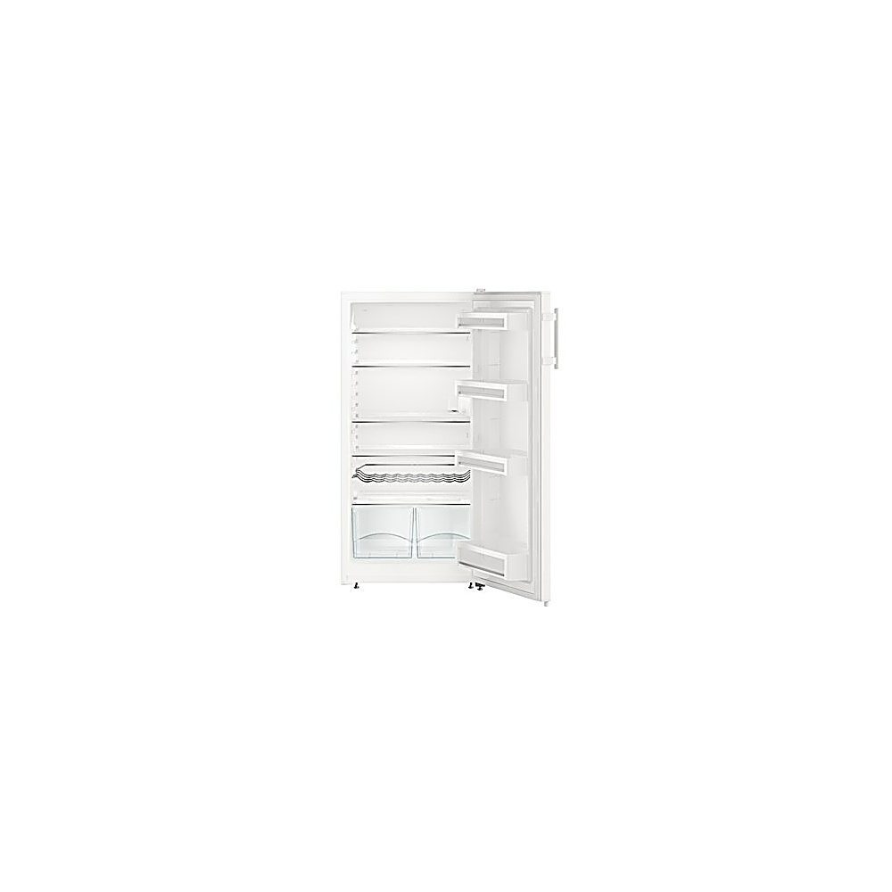 Un frigorifero bianco con la porta aperta. L'interno è visibile, mostrando ripiani e scomparti. Lo sfondo è bianco.