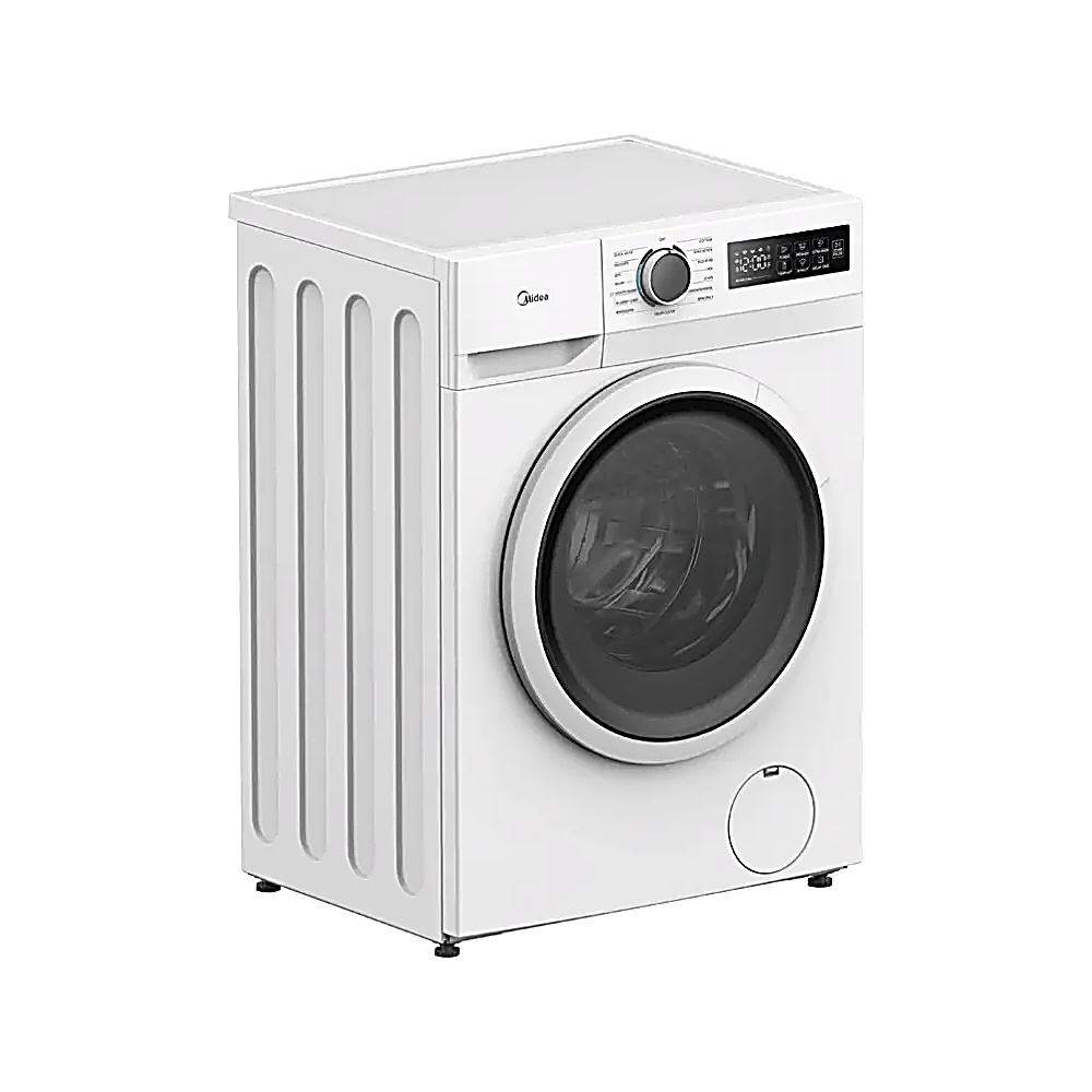 Una lavatrice Midea bianca. Ha una porta nera, un pannello di controllo e un quadrante rotondo. La macchina è su sfondo bianco.