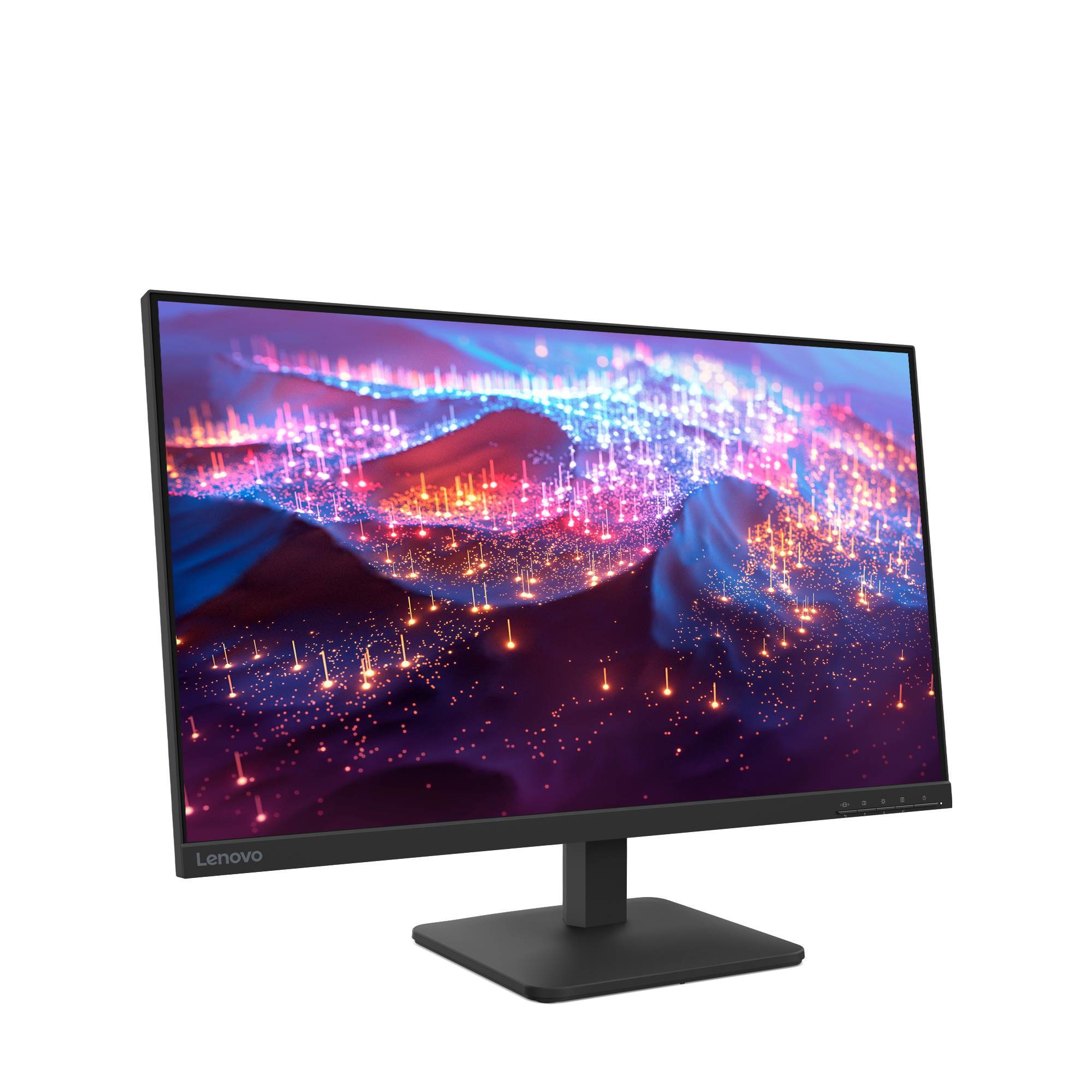 Monitor Lenovo wyświetla kolorową, abstrakcyjną grafikę. Monitor jest czarny i ma kwadratową podstawę.