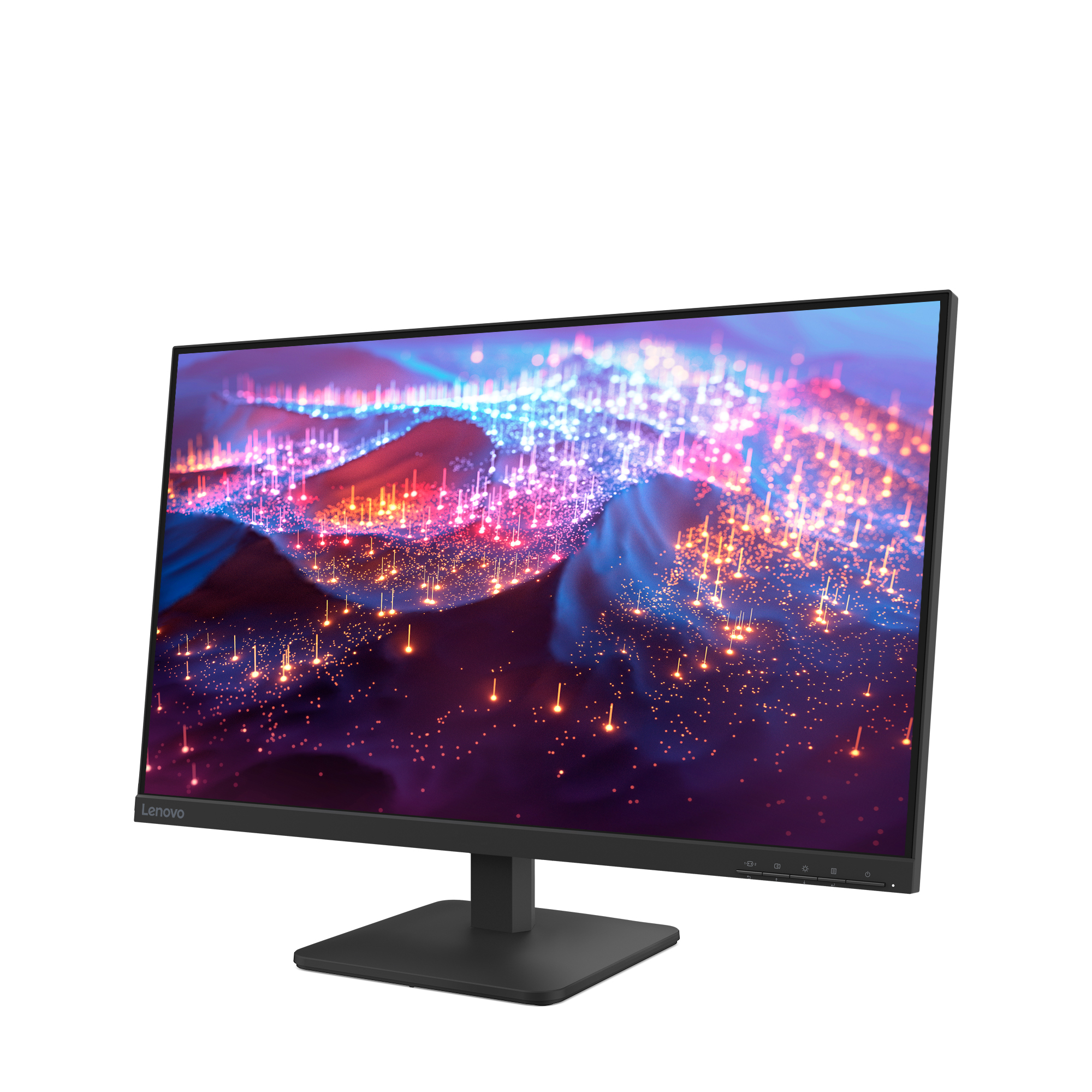 Monitor Lenovo wyświetla kolorowy, abstrakcyjny obraz. Monitor jest czarny i ustawiony pod kątem, z kwadratową podstawą na białym tle.