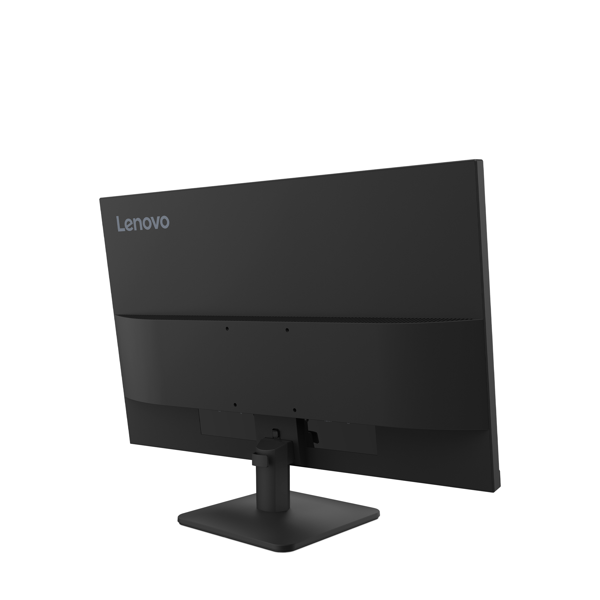 Widok z tyłu czarnego monitora Lenovo na białym tle. Podstawa jest czarna i kwadratowa.