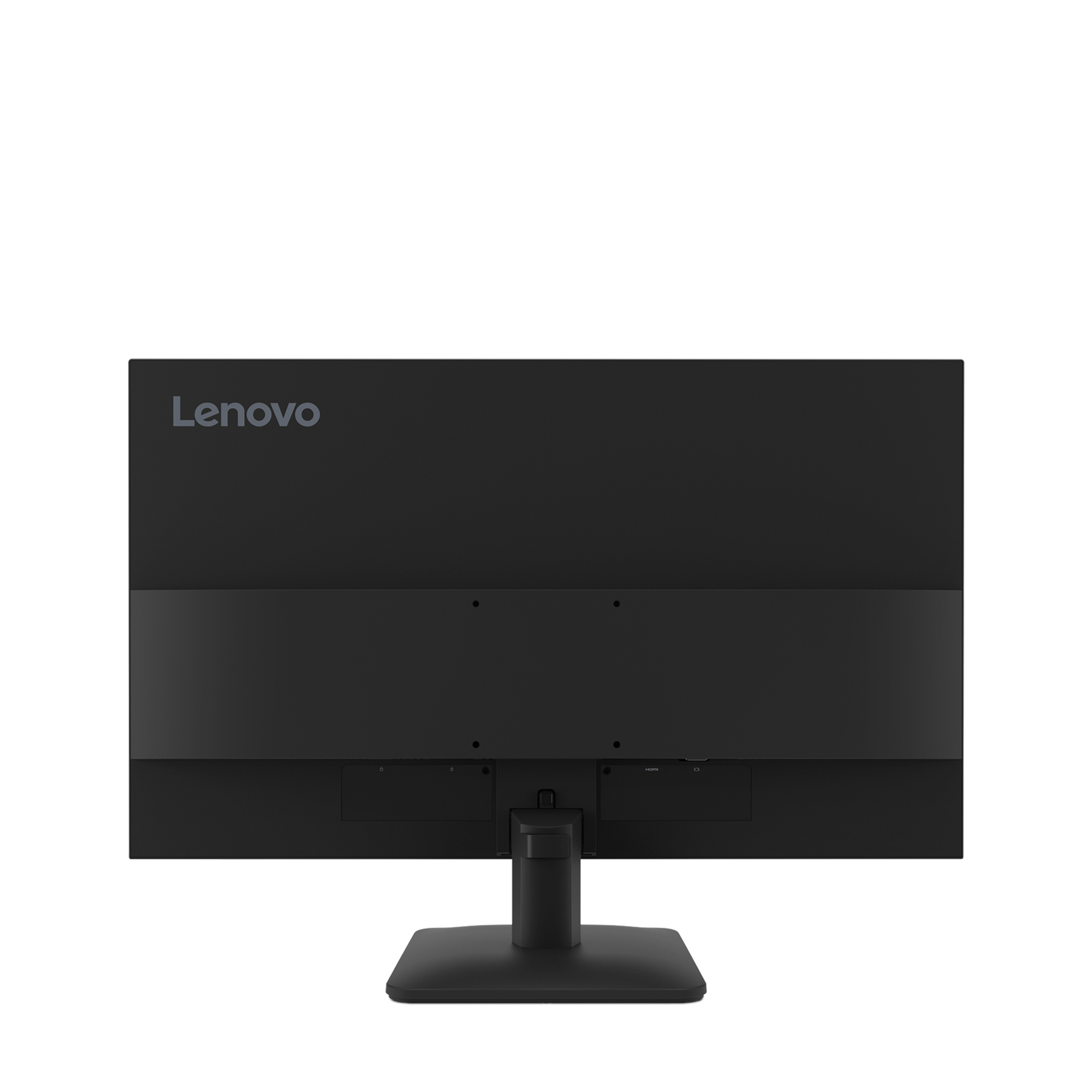 Widok z tyłu czarnego monitora Lenovo ze stojakiem. Nazwa marki jest widoczna u góry po lewej.
