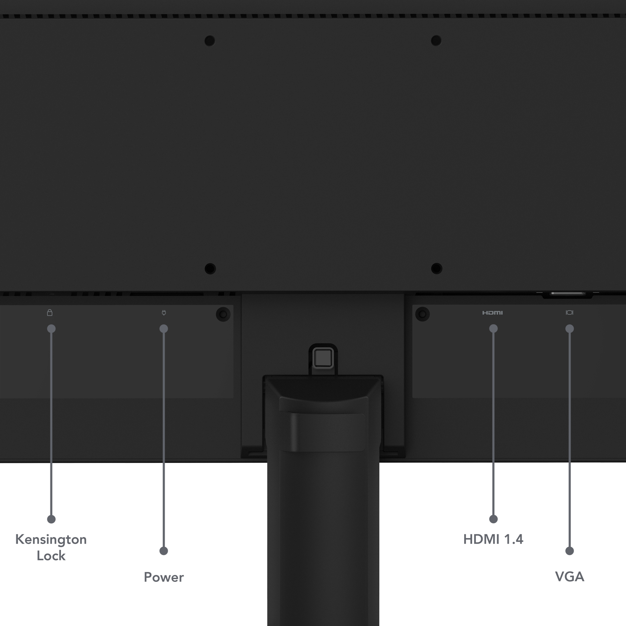 Widok z tyłu czarnego monitora. Zawiera blokadę Kensington, wejście zasilania, port HDMI 1.4 i port VGA.