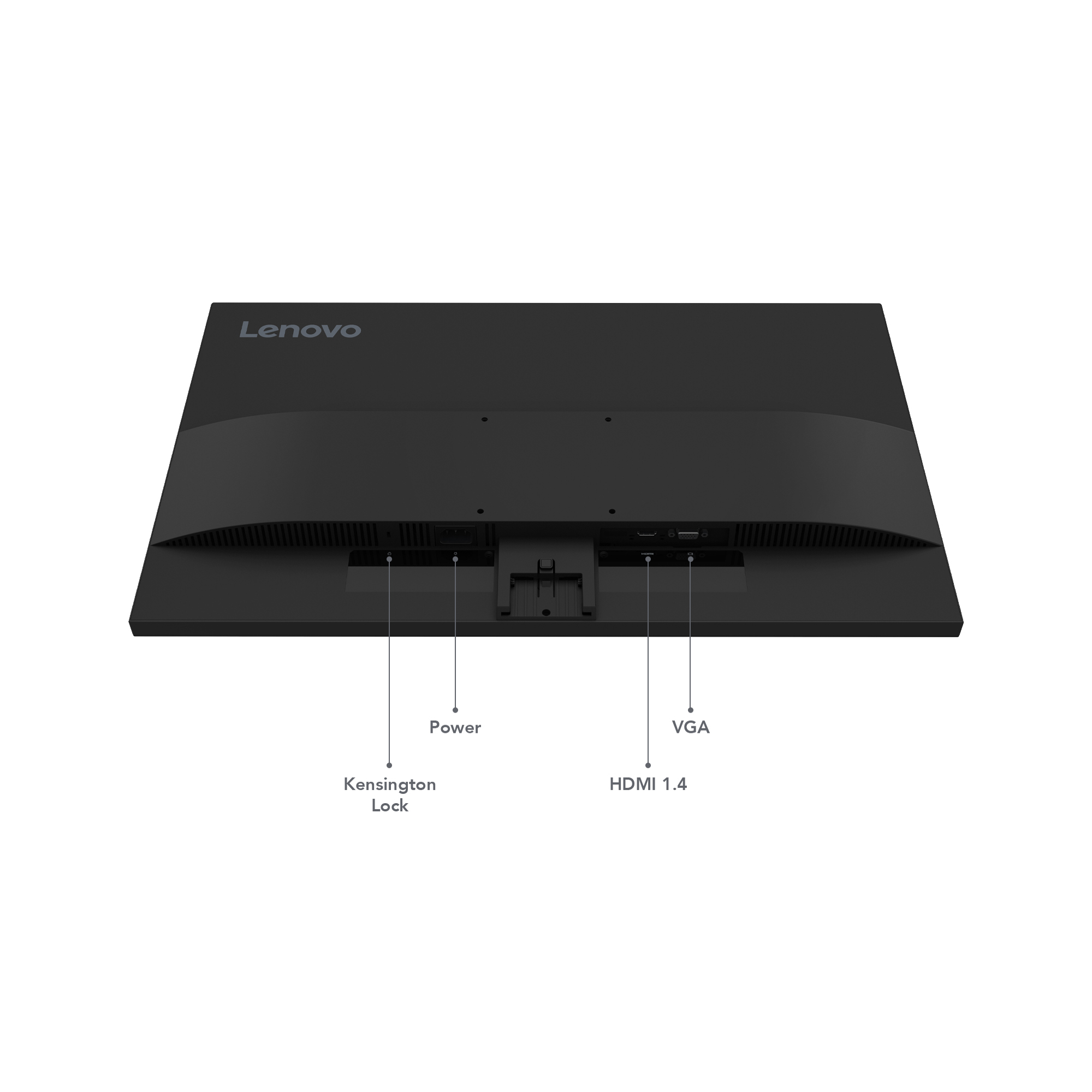 Czarny monitor Lenovo z oznaczonymi portami: Kensington Lock, Power, HDMI 1.4 i VGA. Białe tło.