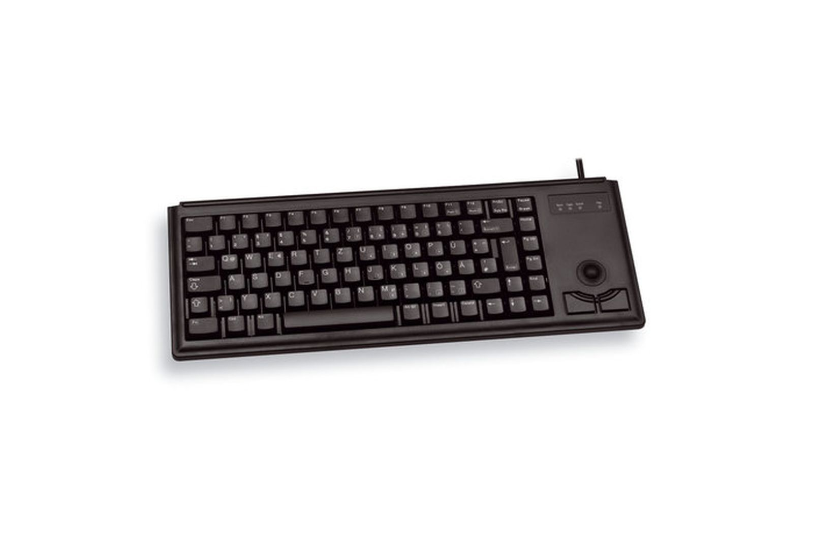 Een zwart toetsenbord met trackball en extra knoppen op een witte achtergrond. Het heeft standaard toetsen.