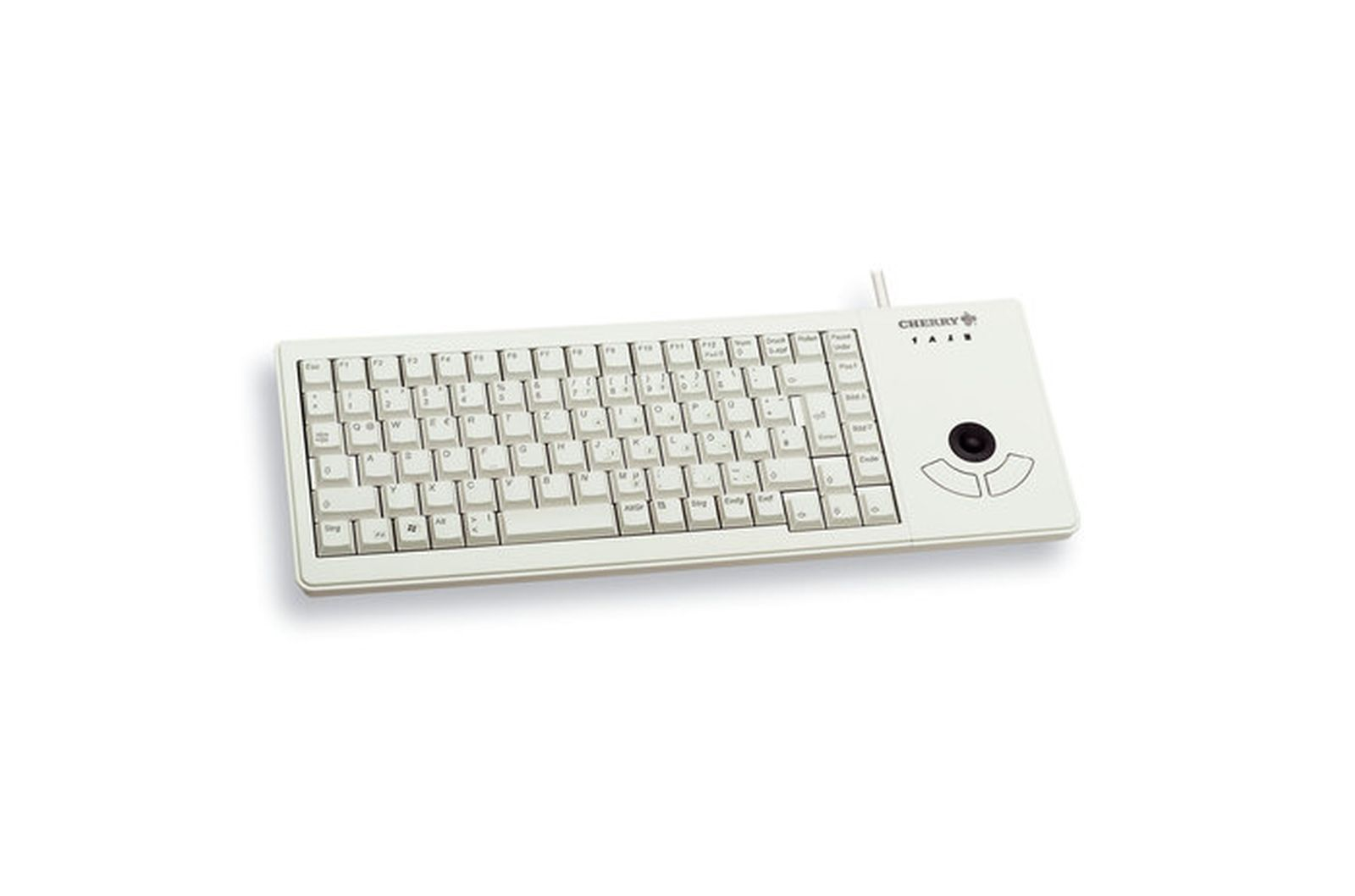 Tastiera color crema con trackball e pulsanti del mouse sul lato destro. Il marchio 'Cherry' è visibile.