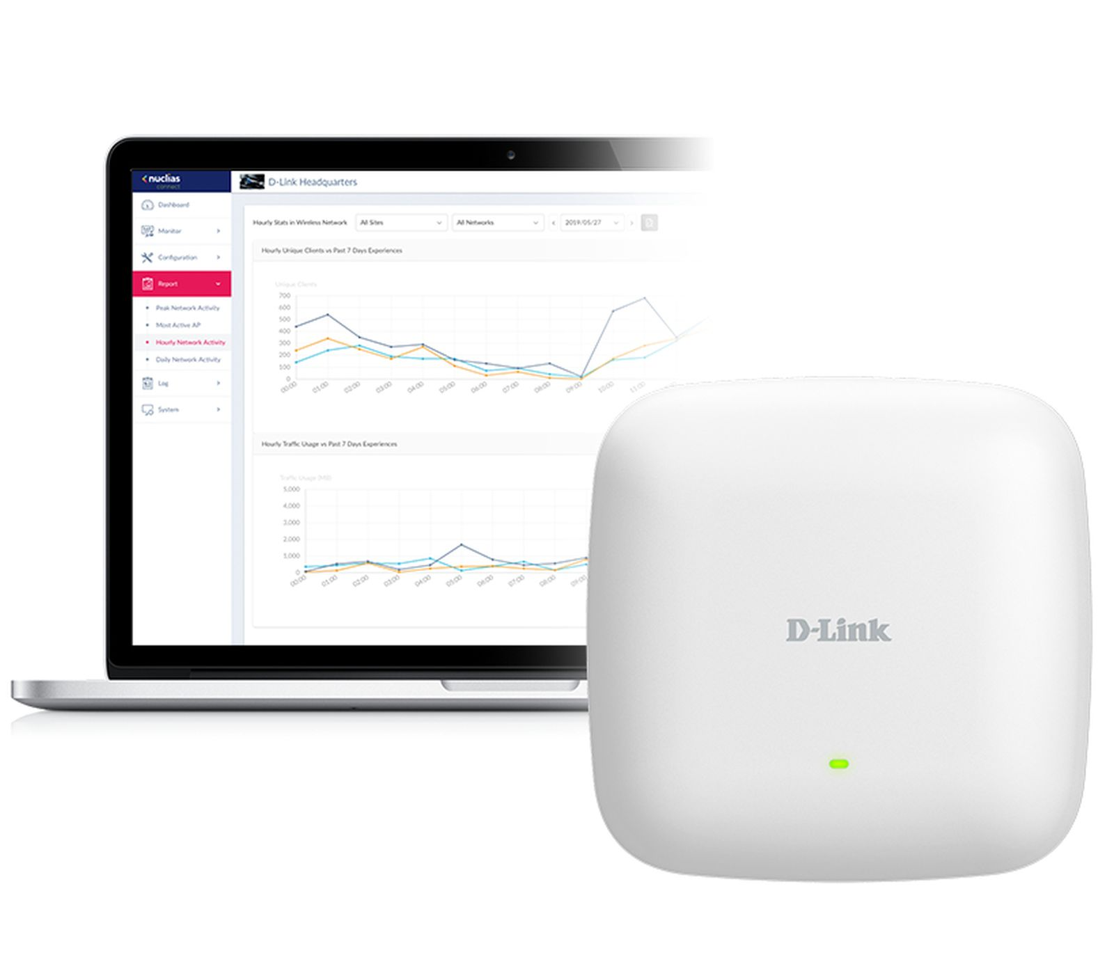 Ein weißer D-Link-Router neben einem Laptop, der Netzwerkdiagramme anzeigt. Ein grünes Licht am Router leuchtet.