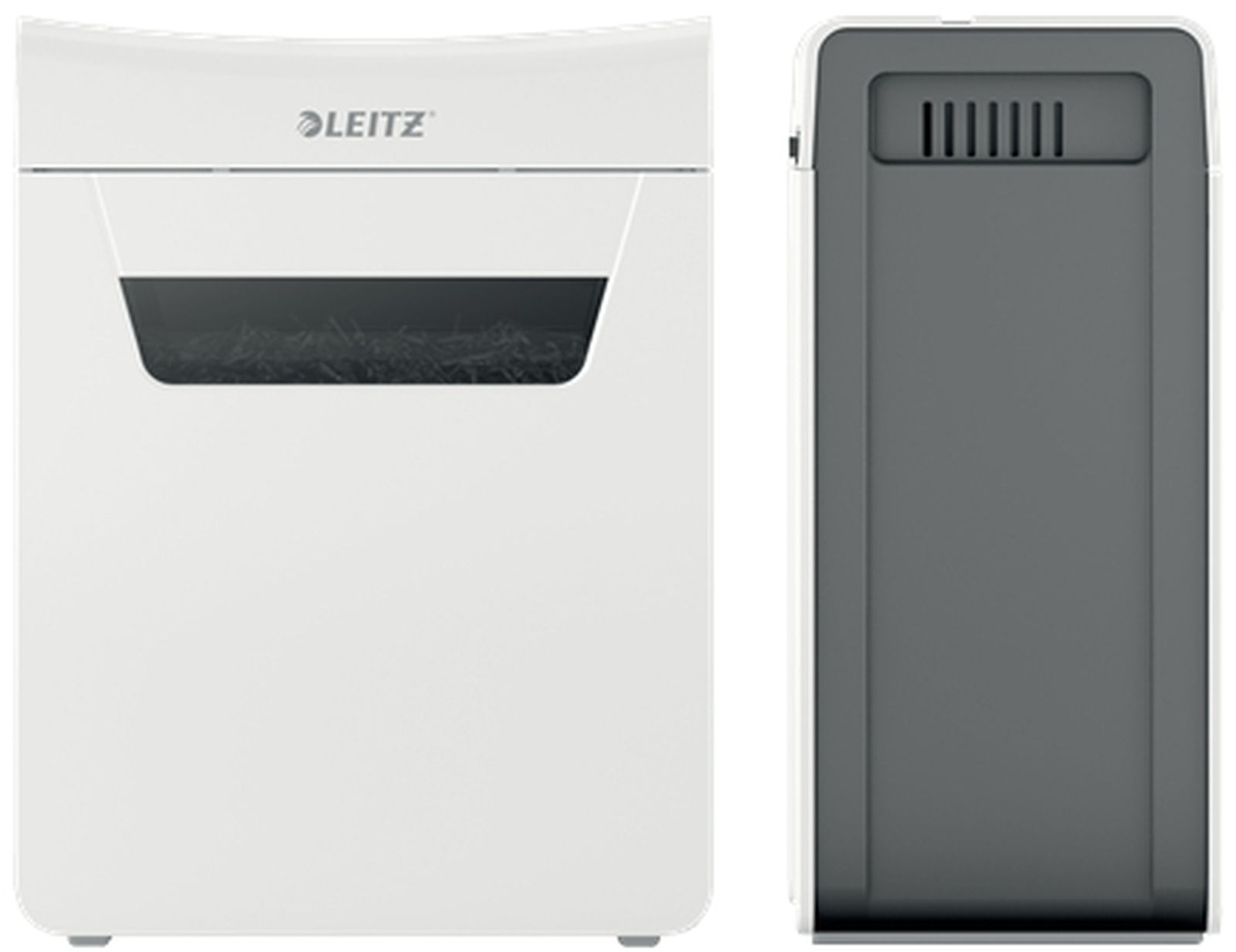 Biało-szara niszczarka do papieru Leitz. Pocięty papier widoczny w przedniej części. Szara tylna część z wentylacją.