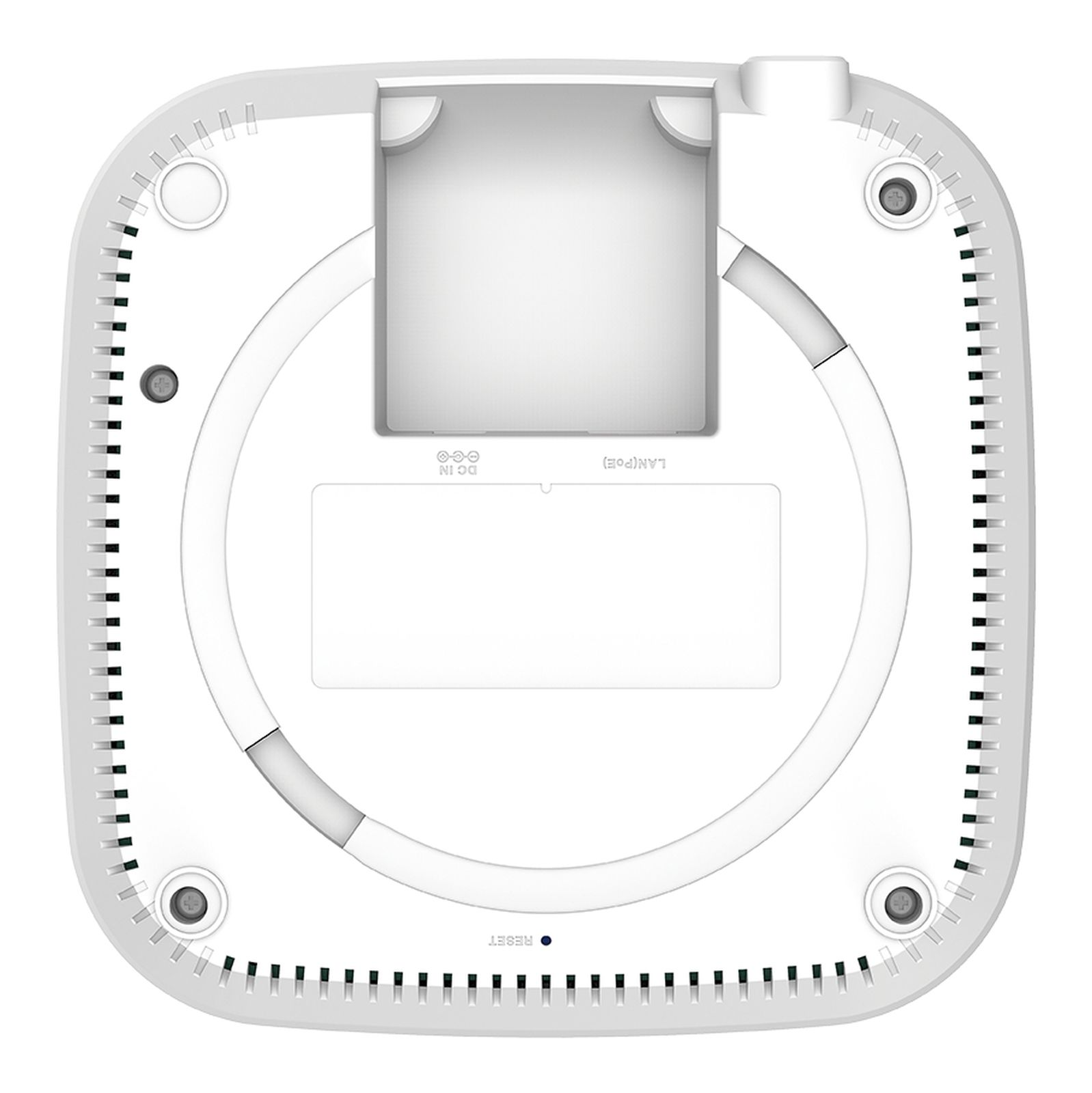 Białe urządzenie sieciowe. Ma kwadratowy środek i okrągły kształt. Widoczne porty i przycisk reset.