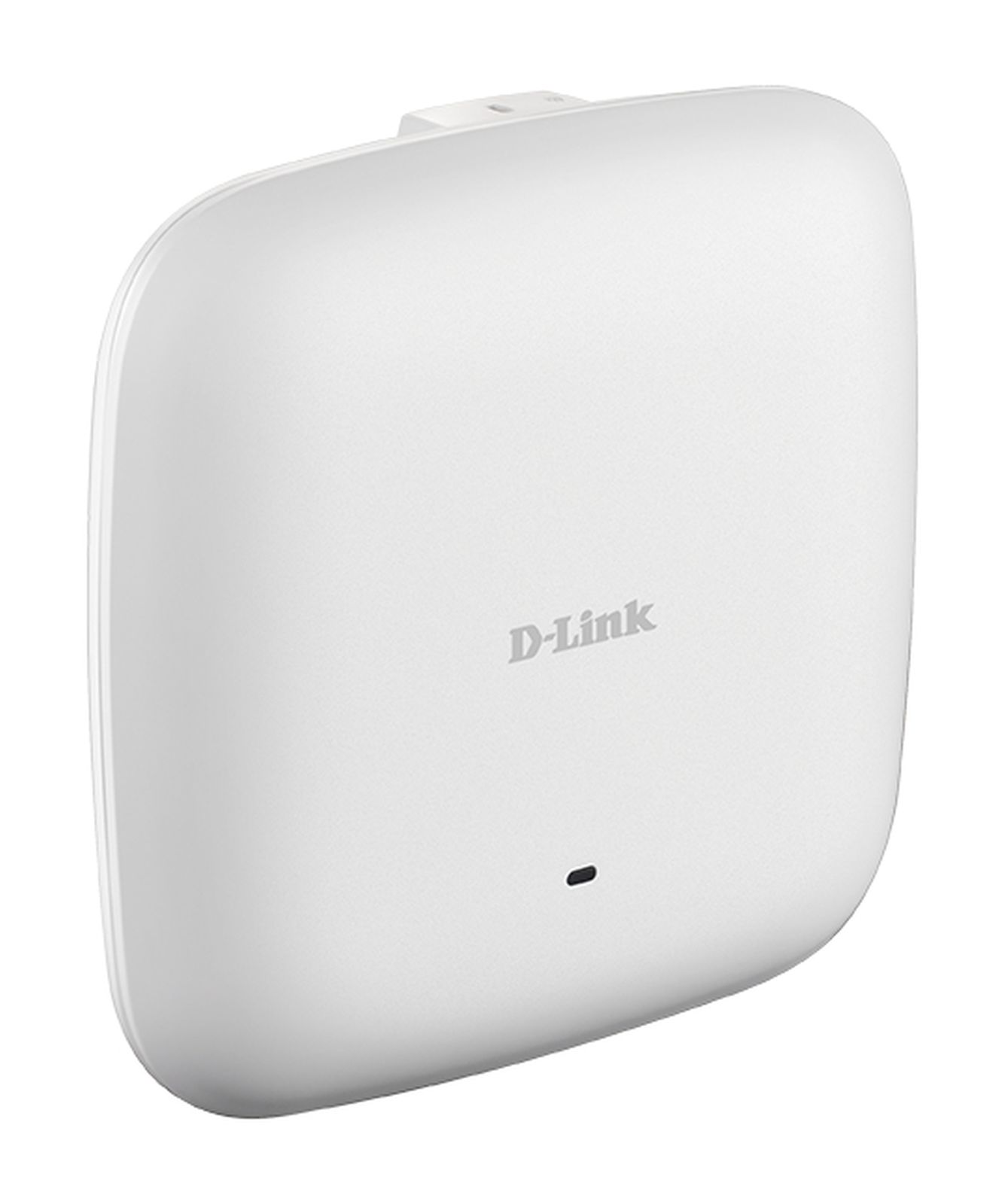 Un punto de acceso D-Link blanco. Tiene forma cuadrada redondeada con el logo D-Link y un pequeño punto negro.