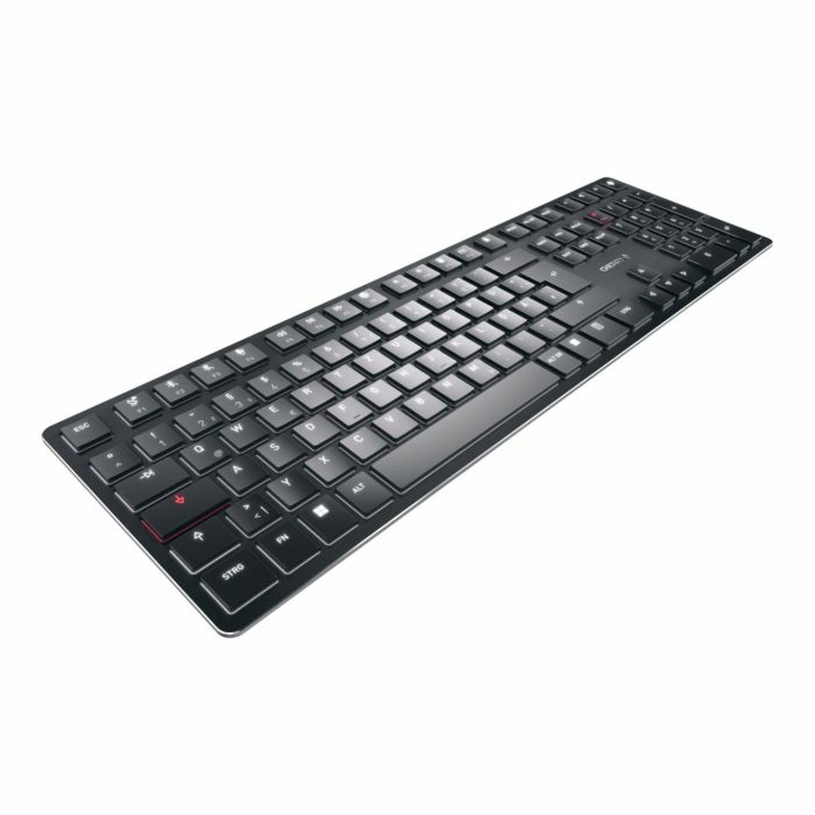 Una tastiera di computer nera su sfondo bianco. I tasti sono etichettati con lettere e numeri. Un tasto rosso è visibile.
