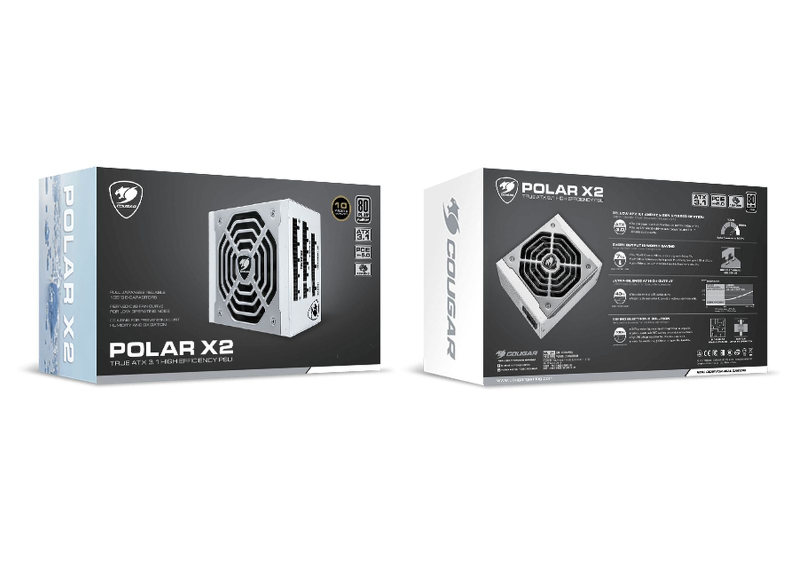 Wyświetlane są dwa biało-czarne pudełka z zasilaczem komputerowym Cougar Polar X2, pokazujące szczegóły produktu i konstrukcję wentylatora.