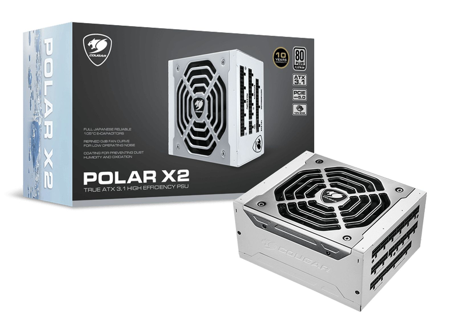 Biały zasilacz Cougar Polar X2 z pudełkiem w tle.