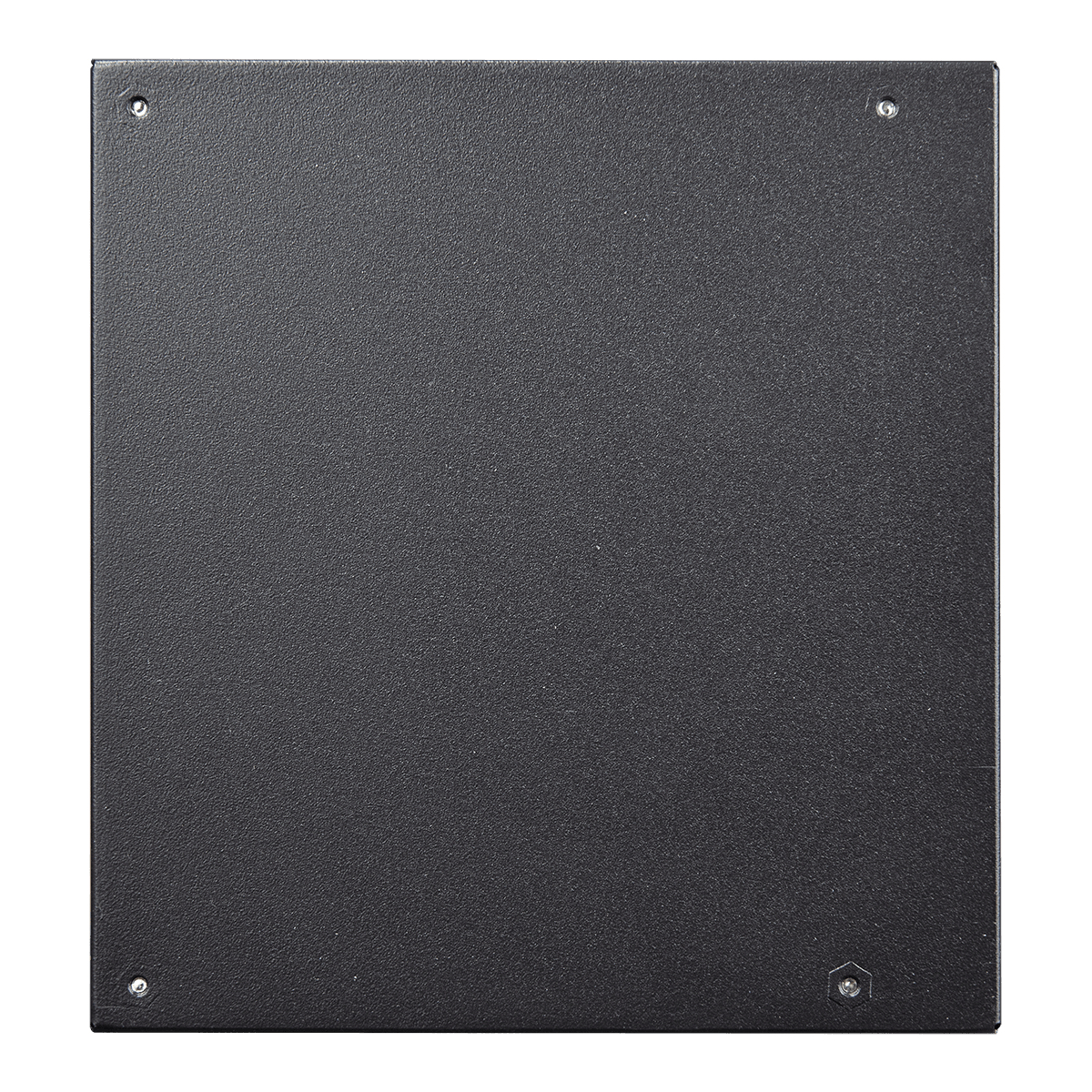 Kwadratowa, czarna metalowa płyta, teksturowana powierzchnia, z czterema śrubami w każdym rogu. Białe tło.