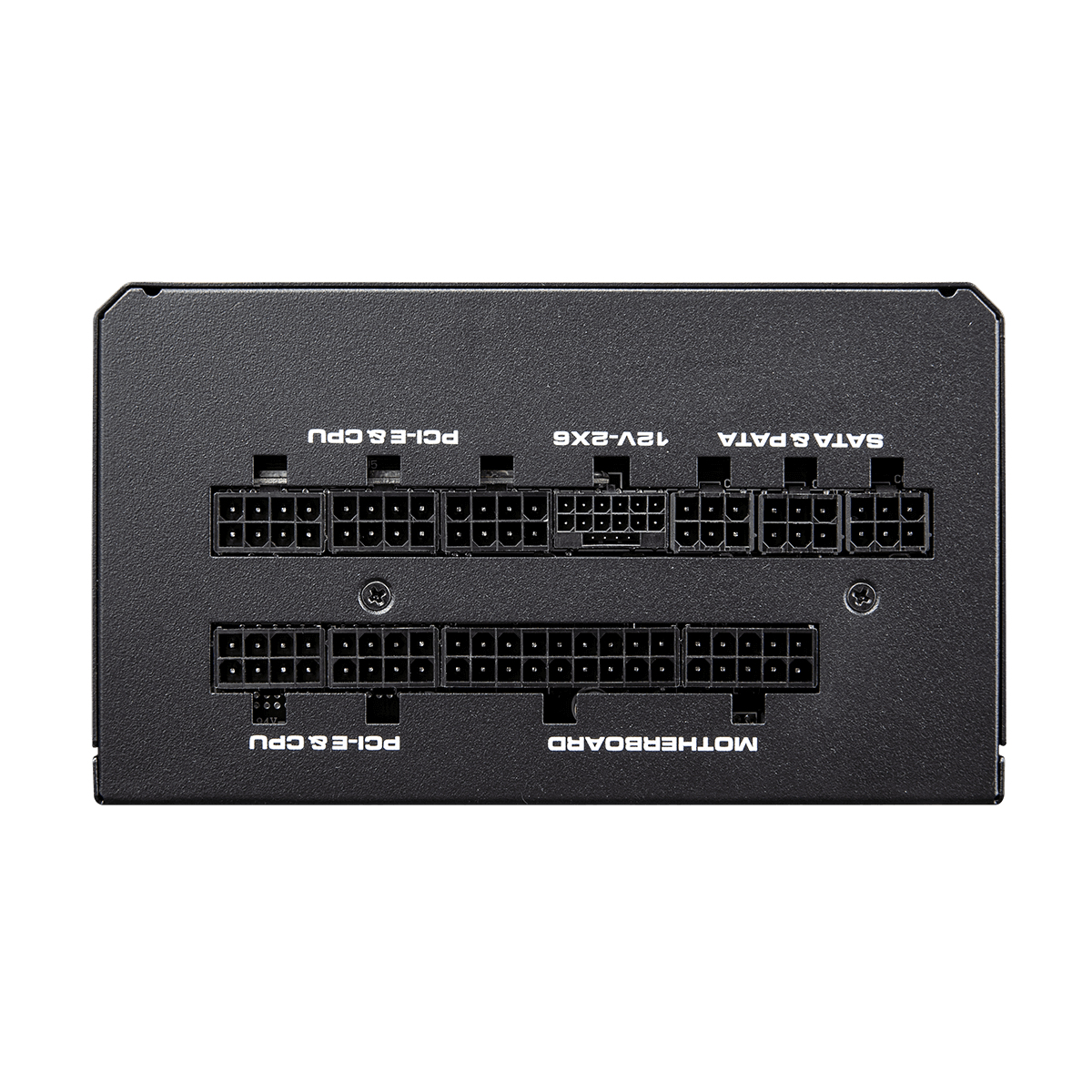 Zbliżenie czarnego zasilacza komputerowego z wieloma złączami oznaczonymi: PCI-E & CPU, 12V-2X6, SATA & PATA i MOTHERBOARD.