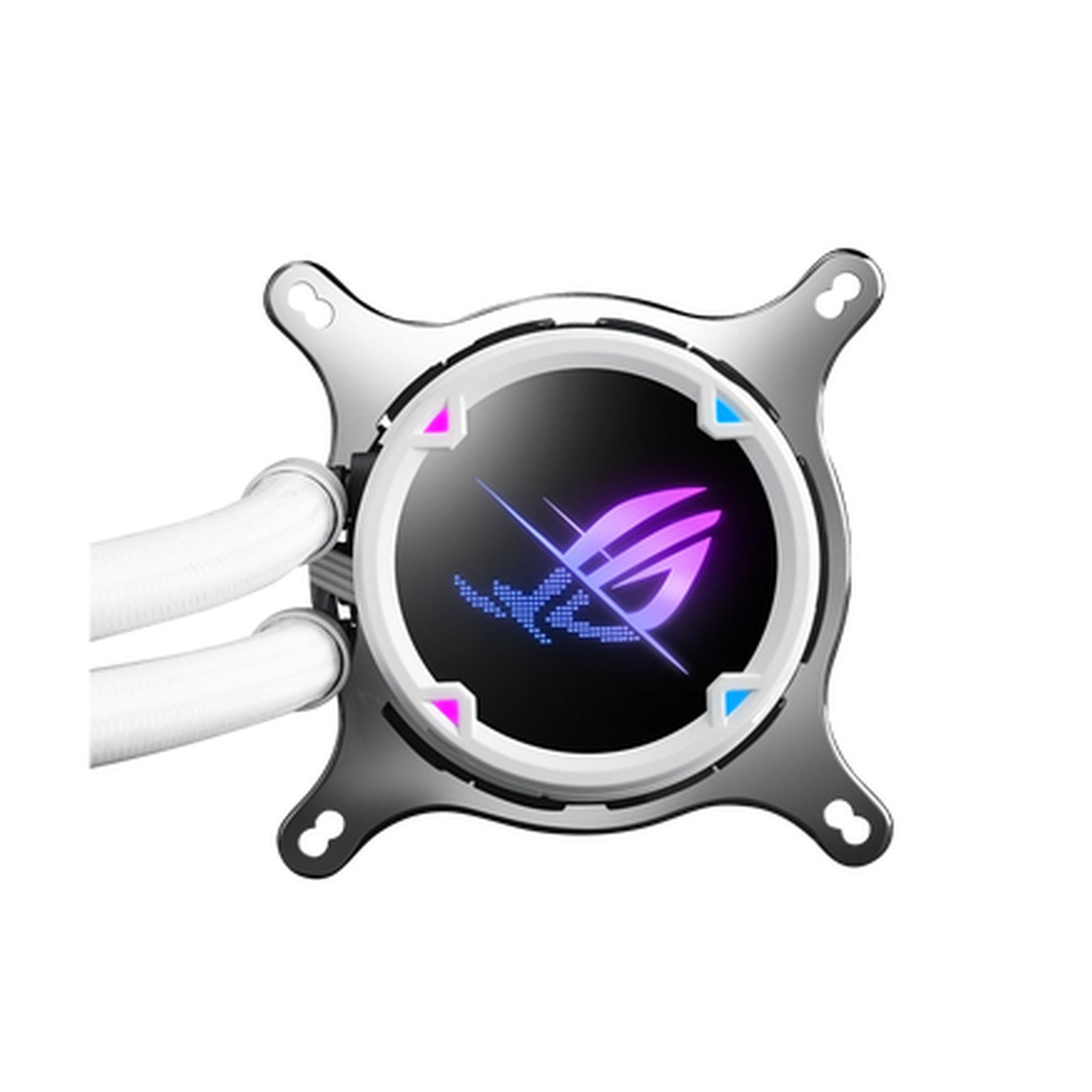 Chłodzenie cieczą do komputera. Posiada okrągłą jednostkę centralną z podświetlanym logo, srebrną ramą i białymi rurkami.