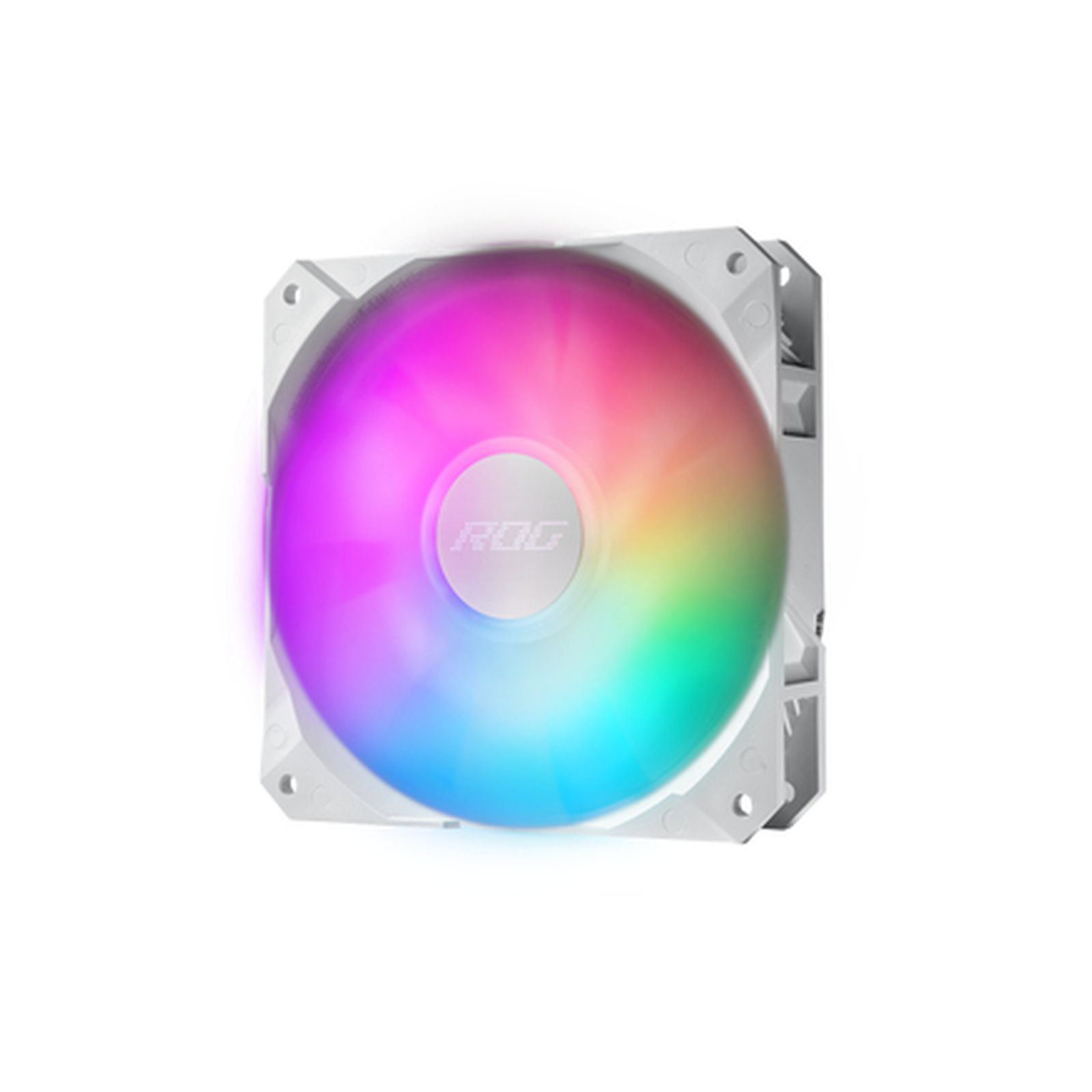 Biały wentylator komputerowy z okrągłym, wielokolorowym światłem i logo ROG pośrodku.