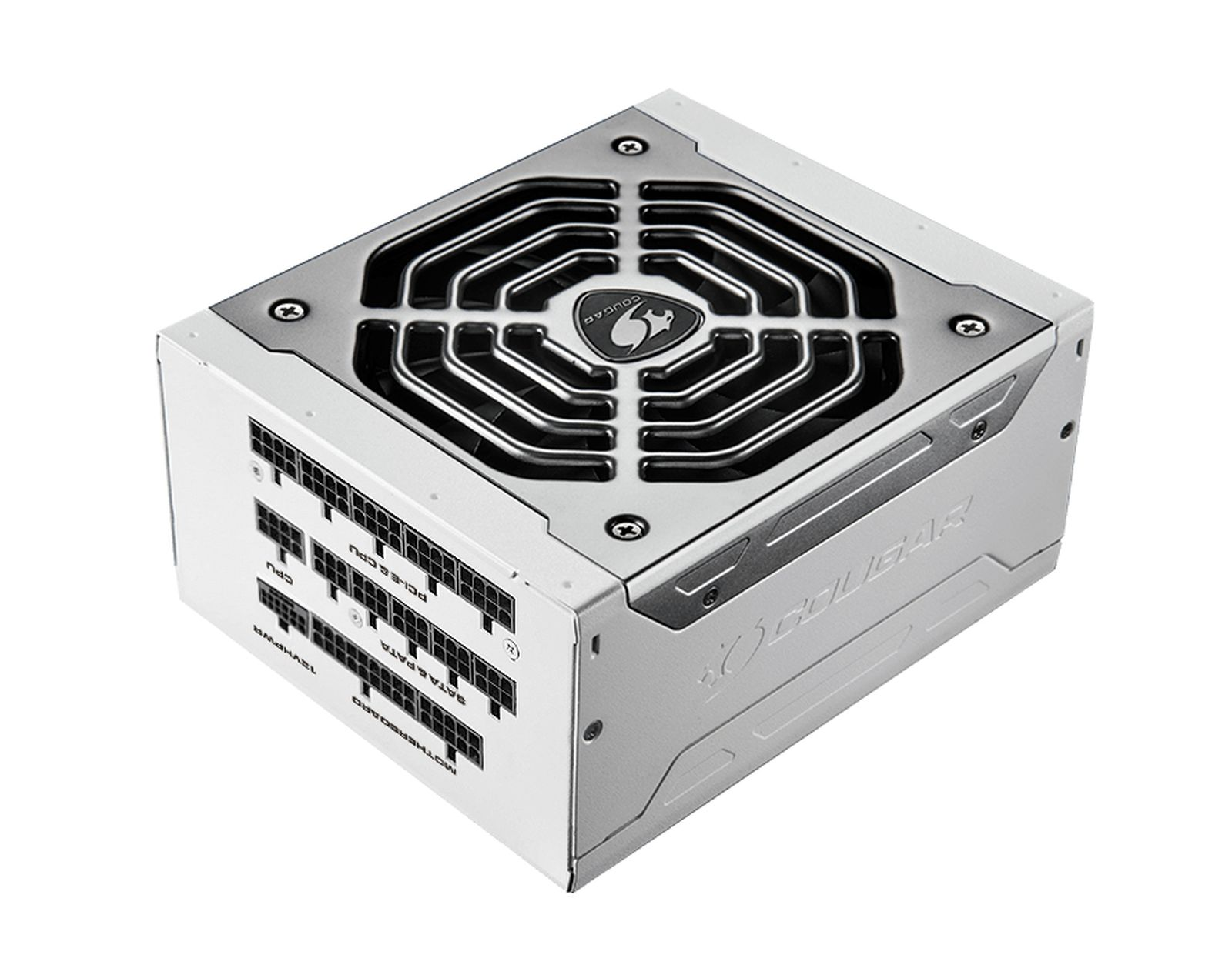 Alimentatore Cougar argentato. La parte superiore ha una griglia e un logo. Il lato ha etichette delle porte. I connettori includono CPU, PCIe, SATA e scheda madre.