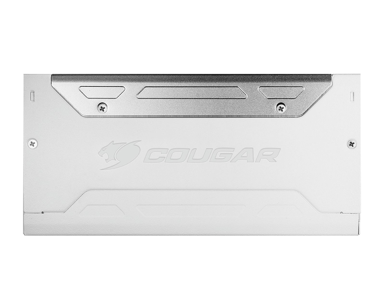 Un componente per computer bianco con il logo 'COUGAR'. Ha una parte superiore argentata e dettagli di viti.