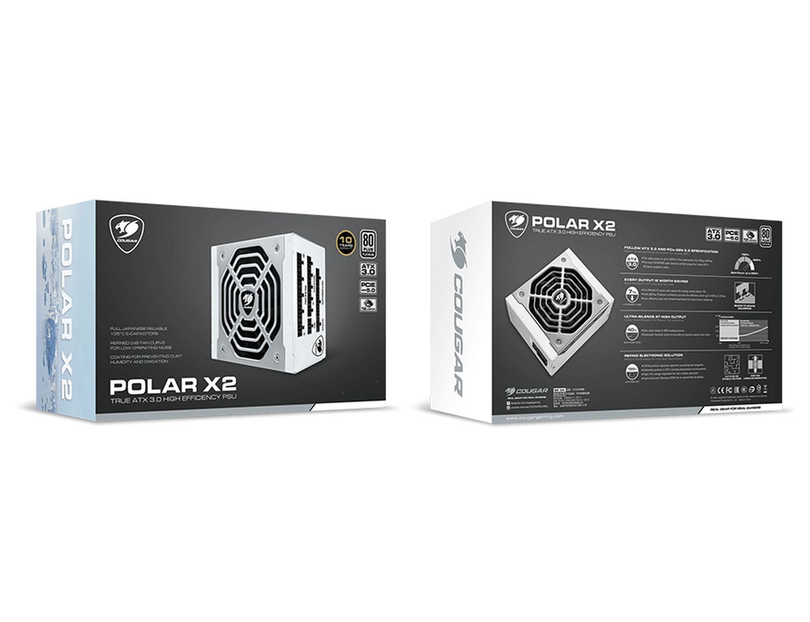 Due scatole con alimentatori, bianche e nere. Cougar Polar X2, True ATX 3.0 High Efficiency PSU.