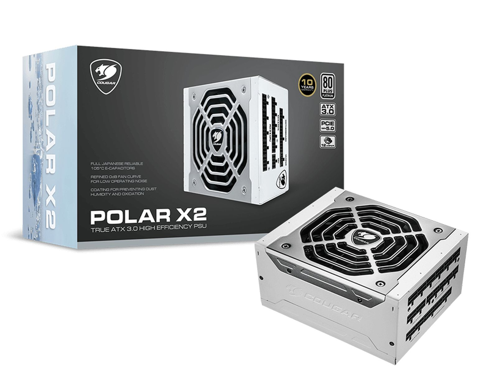 Un alimentatore bianco Cougar Polar X2, con ventola nera e scatola con dettagli. È un vero alimentatore ATX 3.0 ad alta efficienza.