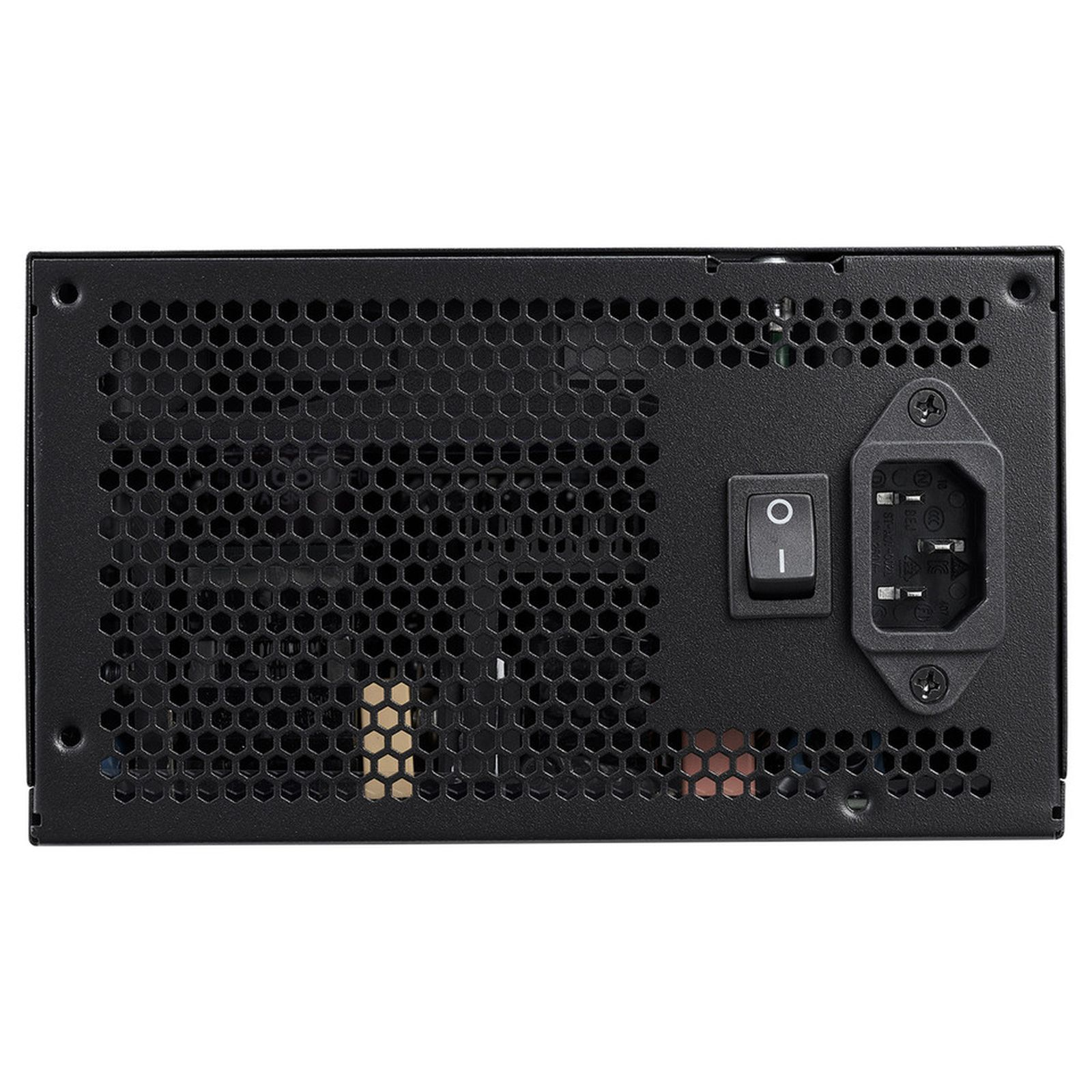 Black computer power supply back panel. It has a power switch, power input, and honeycomb ventilation.