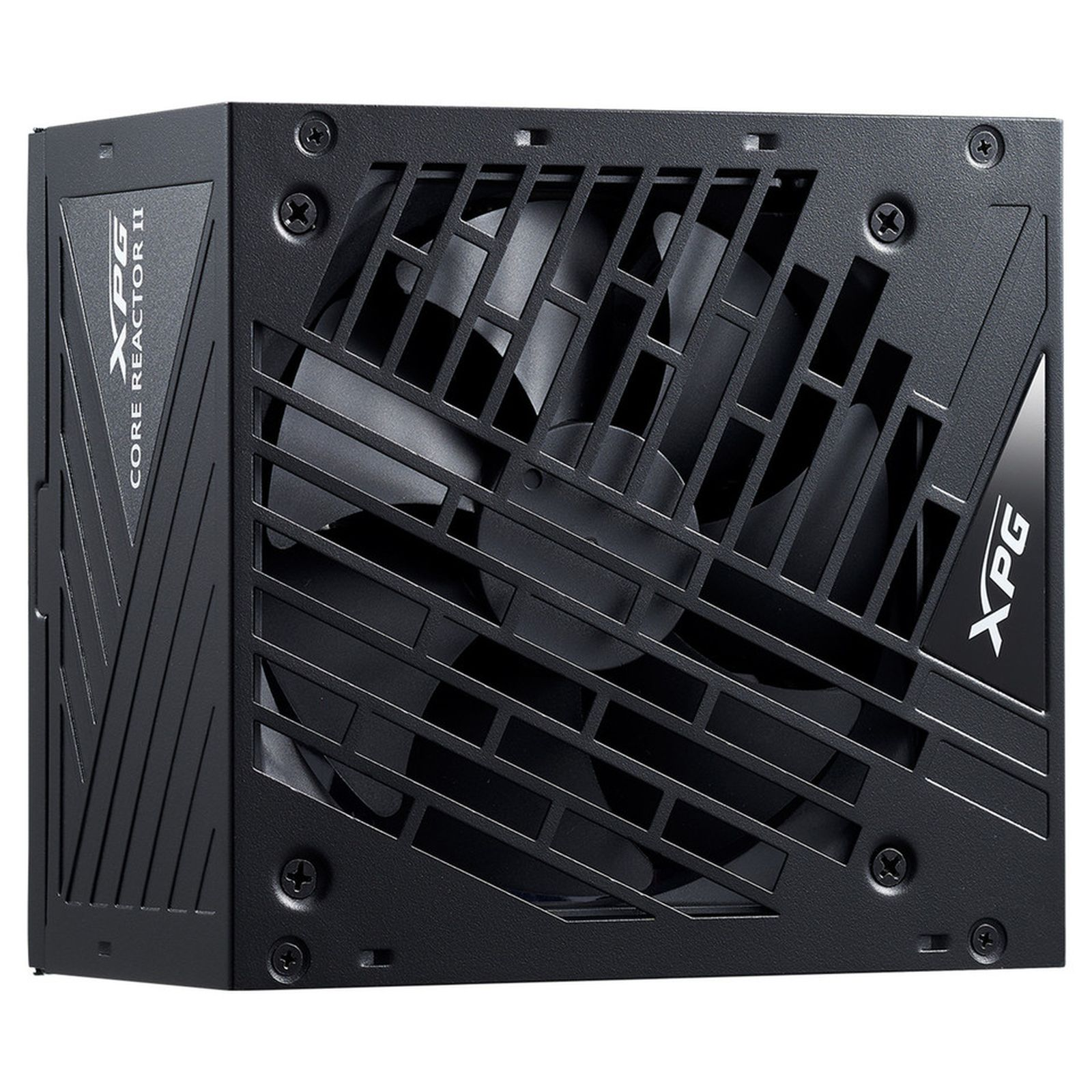 Black XPG Core Reactor II power supply. Features a fan behind a grill, with XPG branding on the side and a fan.