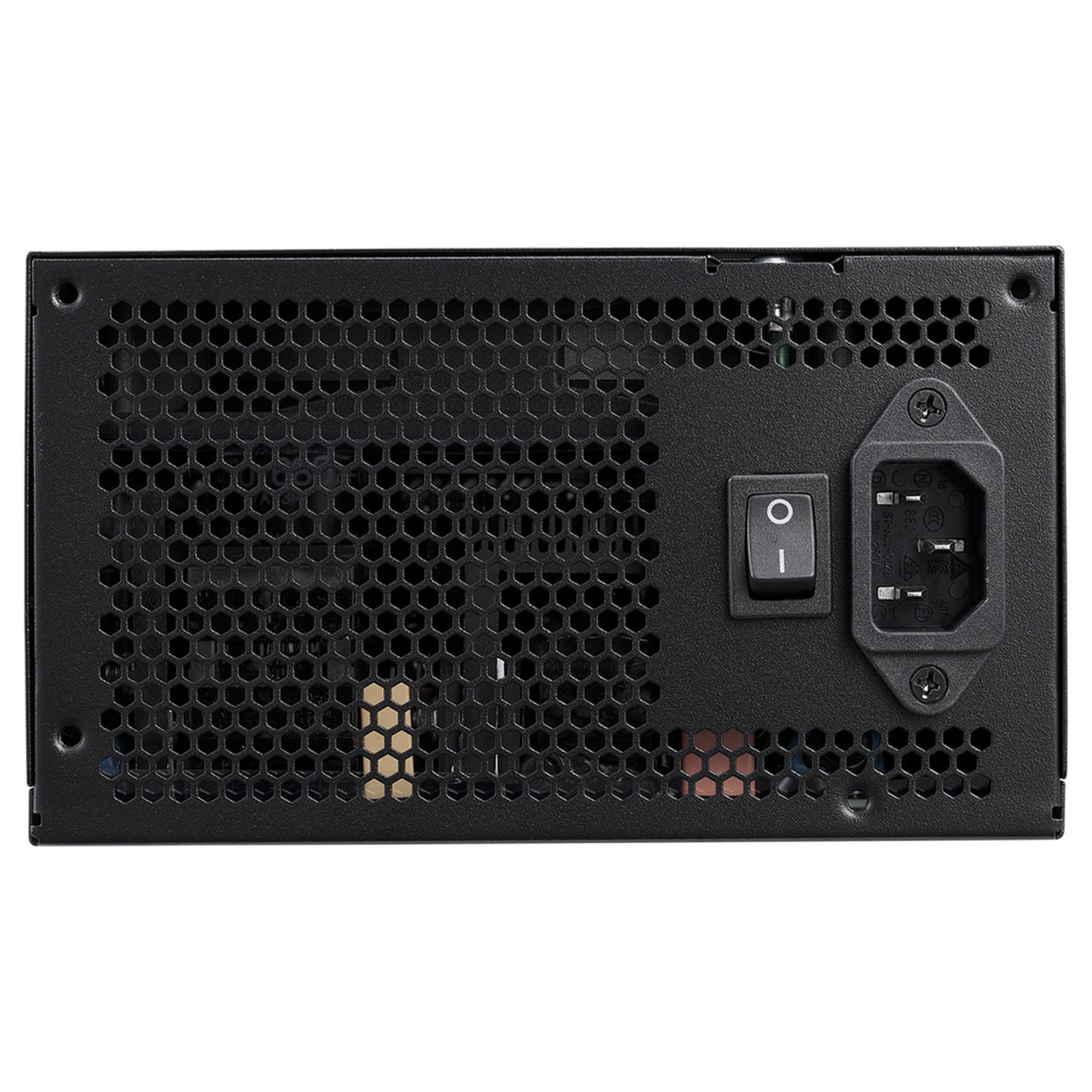 Black computer power supply unit. Includes a power switch, power input, and honeycomb ventilation.