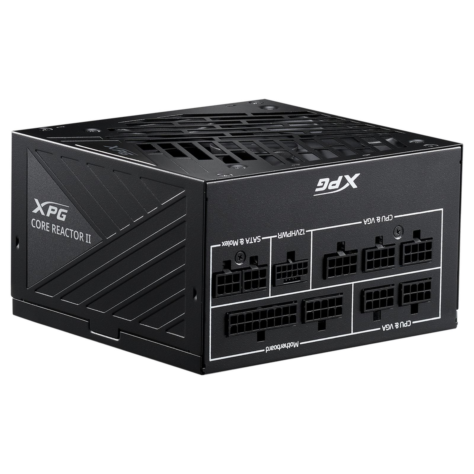 Black XPG Core Reactor II power supply. It has connectors for CPU, VGA, motherboard, and SATA.