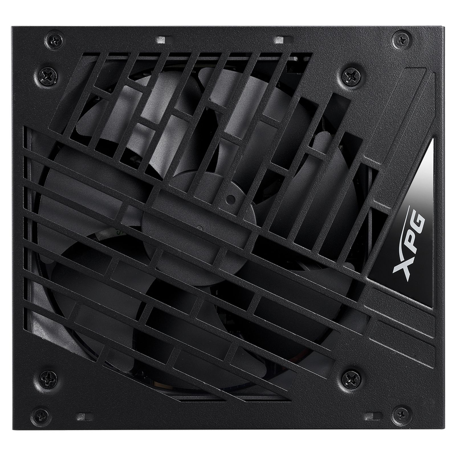 Black computer power supply unit. A fan is visible behind the grill. The XPG logo is on the right side.
