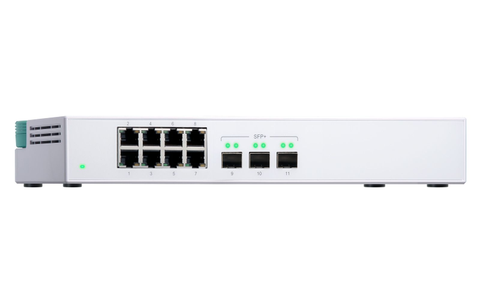 Switch di rete bianco con più porte, luci verdi e porte etichettate. Le porte SFP+ sono sul lato destro.