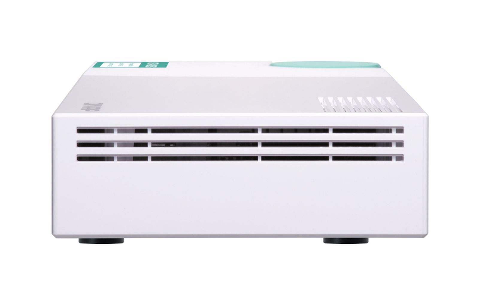 Un dispositivo bianco e rettangolare con prese d'aria orizzontali e un accento verde sulla parte superiore. Poggia su due piedini neri.