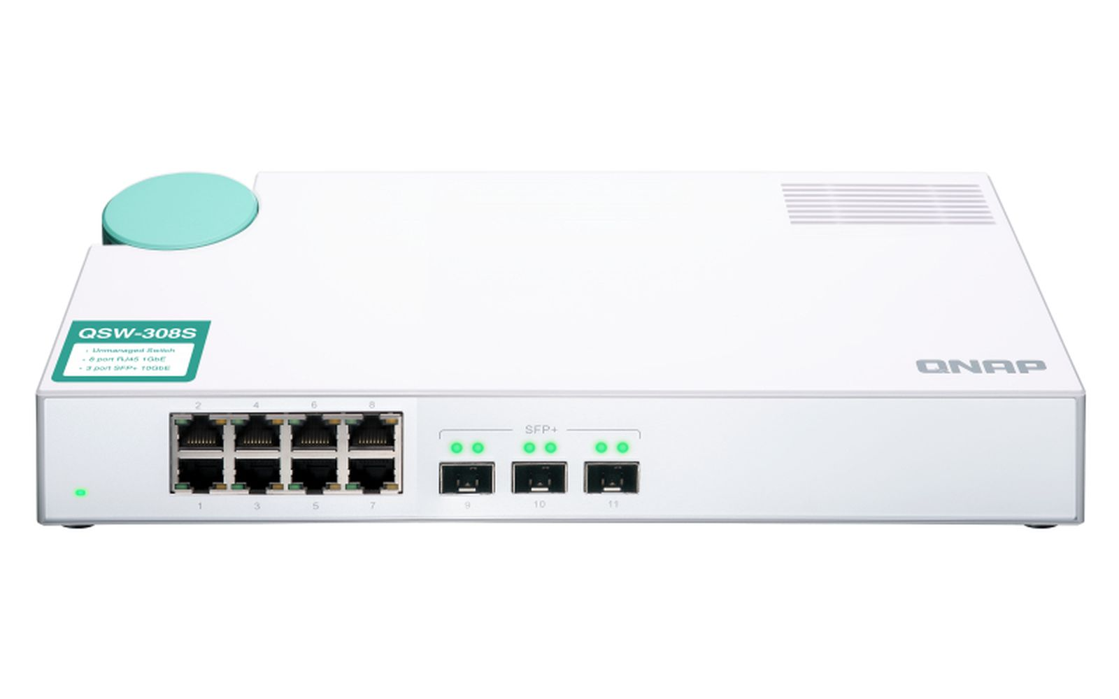 Uno switch di rete QNAP bianco con più porte. Ha un'etichetta verde, un piccolo cerchio verde e luci verdi luminose.