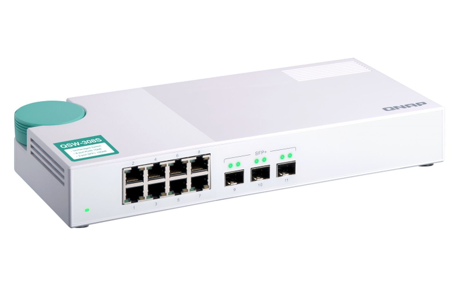 Uno switch QNAP QSW-308S bianco non gestito. Ha più porte Ethernet, porte SFP+ e spie verdi. Il logo QNAP è visibile.