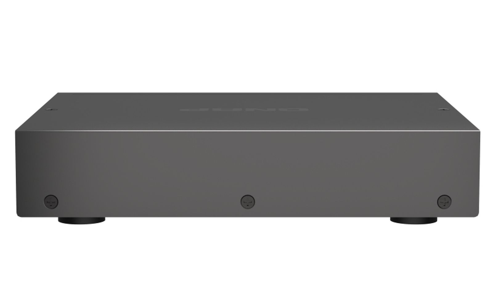 Szare, prostokątne urządzenie z napisem 'QNAP' na górze. Ma zaokrąglone rogi, małe przyciski i białe tło.