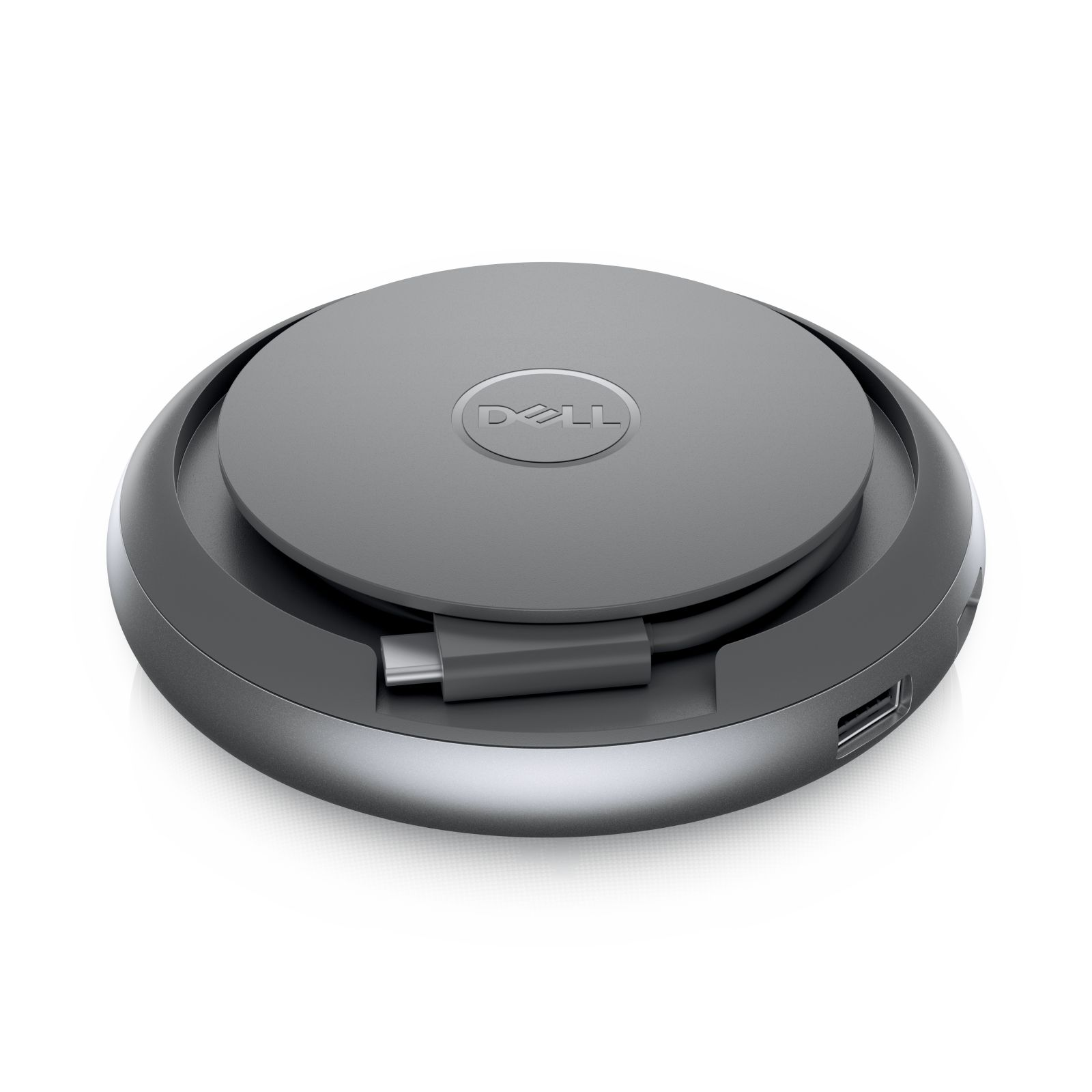 Graue, runde Dell-Dockingstation. Es hat einen USB-C-Anschluss, einen USB-Anschluss und das Dell-Logo.