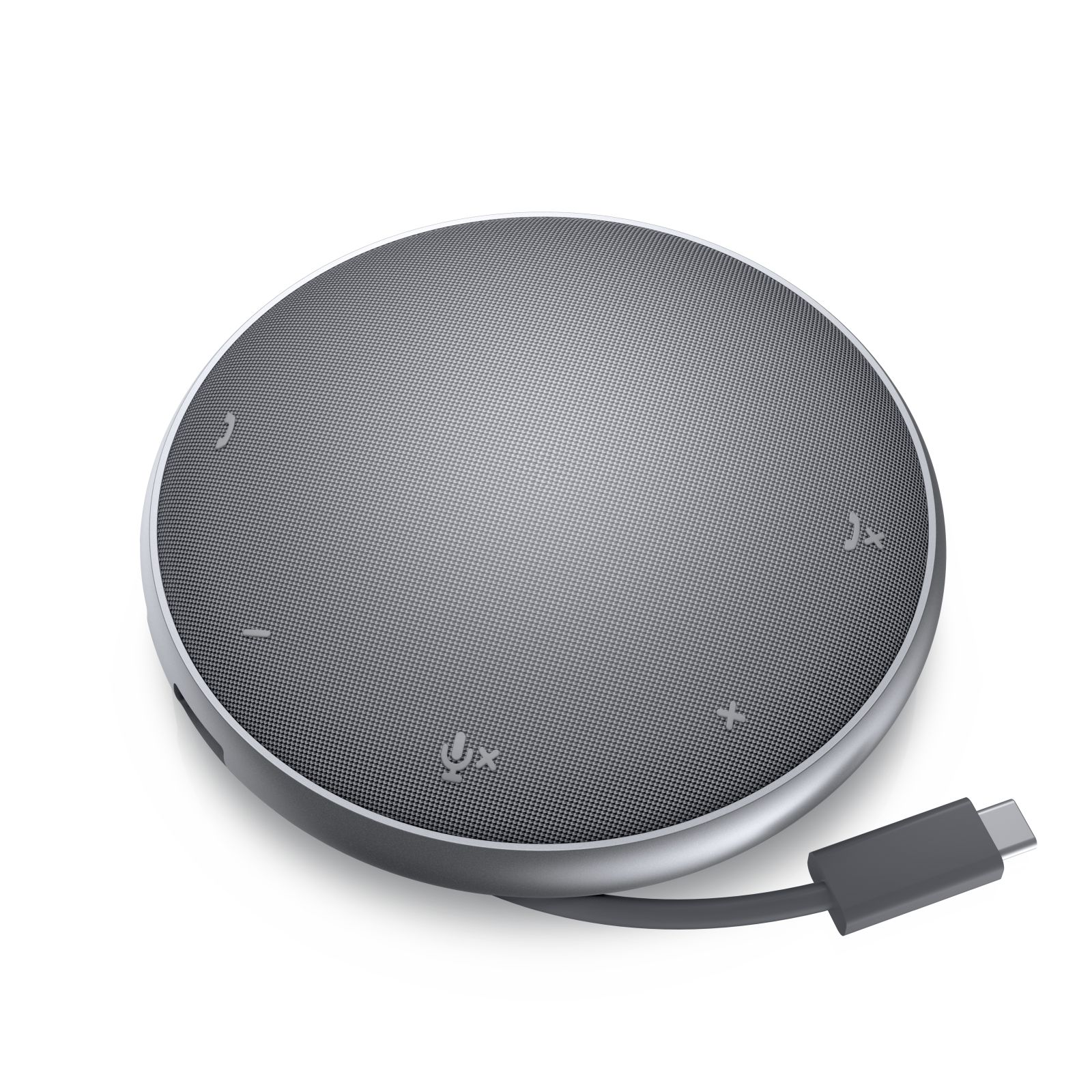 Ein grauer, runder Lautsprecher mit USB-C-Kabel. Es hat Anruf- und Lautstärkeregler.