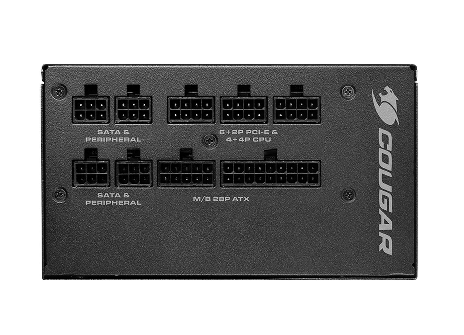 Czarny zasilacz z wieloma złączami oznaczonymi SATA & Peripheral, 6+2P PCI-E i M/B 28P ATX. Logo Cougar.