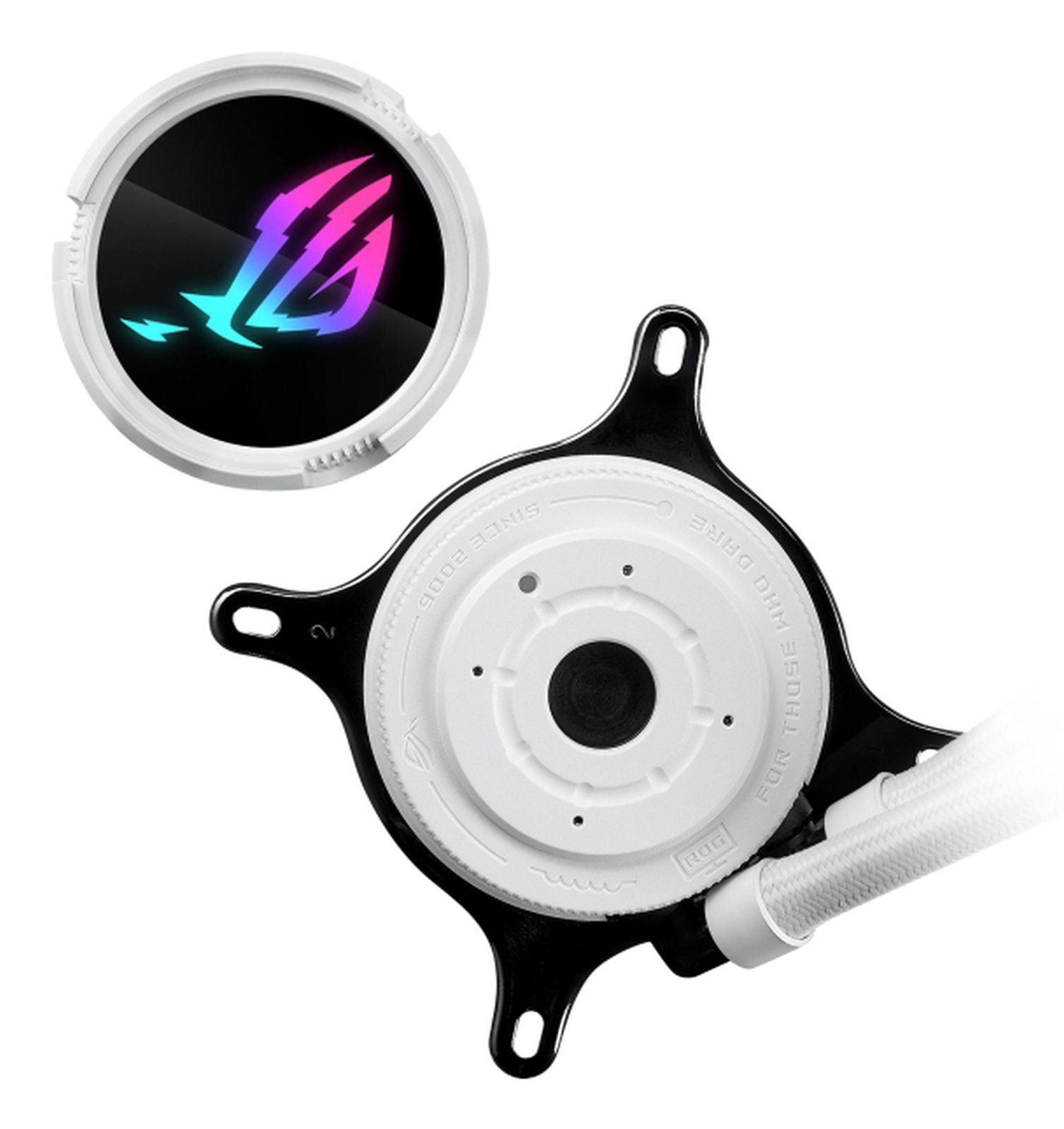 A computer liquid cooler. It features a circular design with the ROG logo and text around the cooler.