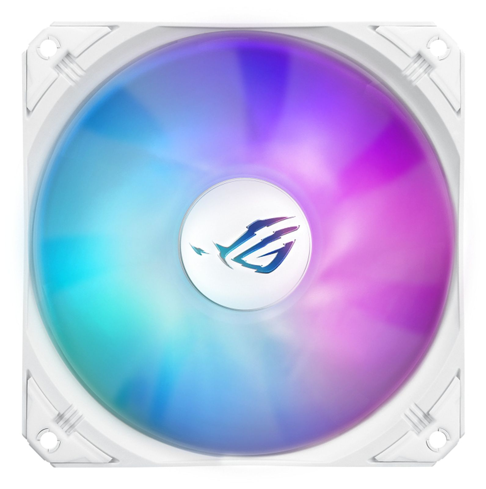 A computer fan with a white frame and a colorful, swirling center with a logo. The colors are blue, purple, and green.